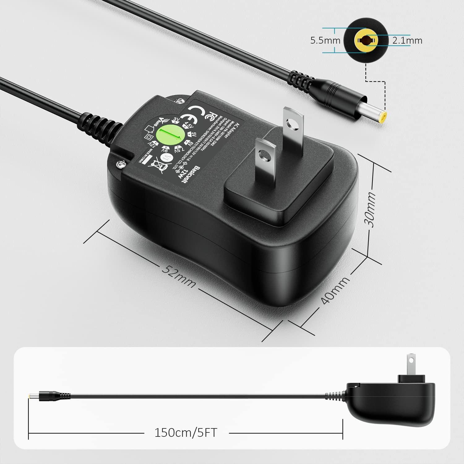 Basicvolt Basicvolt 12W Universal Power Supply 12V 9V 7.5V 6V 5V 4.5V 3V 1A AC to DC Adapter for Led Strip Router Speaker CCTV Camera Tablet Radio 3 to 12 Volts 1000mA Switching Power Supply with 8 Tips
