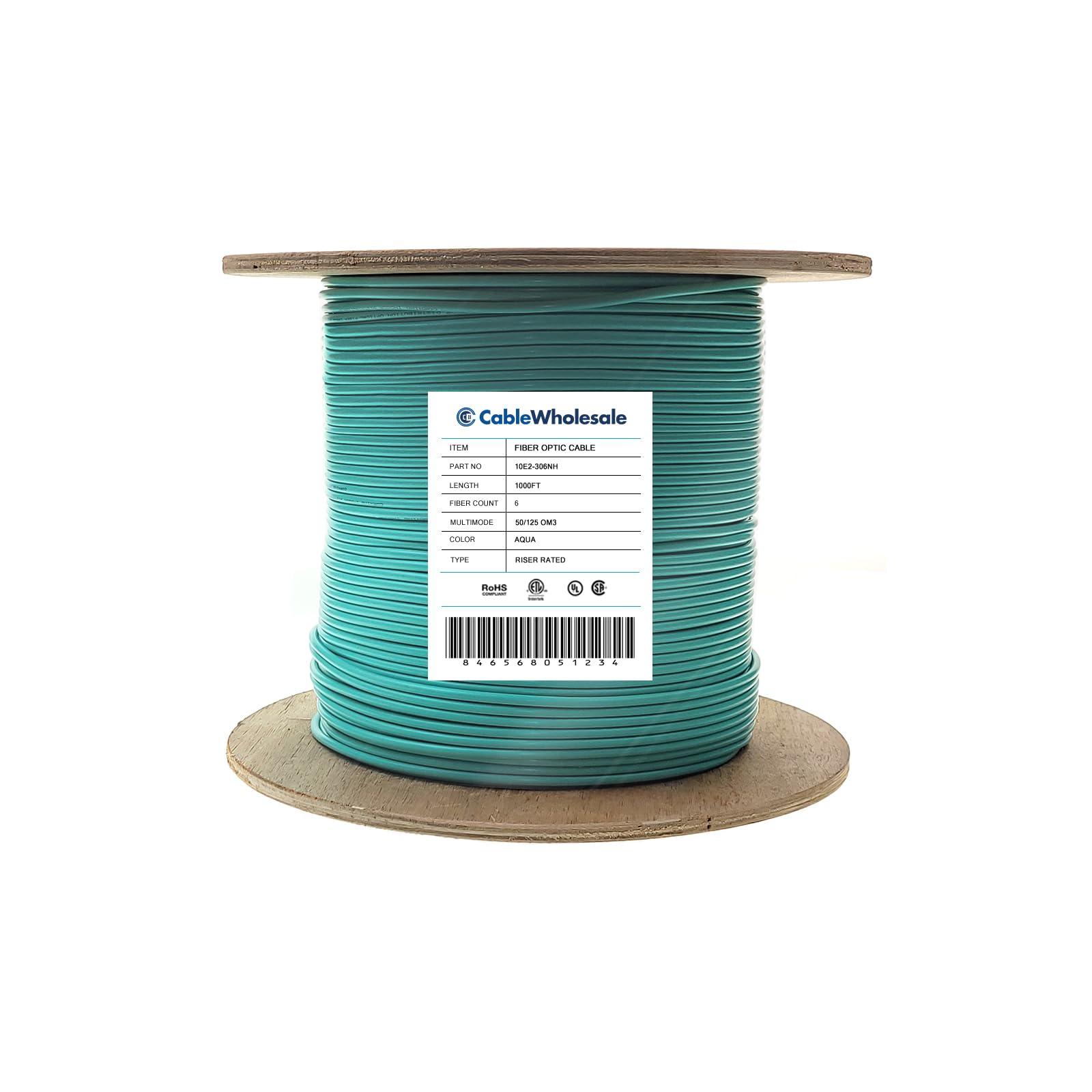 CableWholesale 1000ft Aqua Indoor Fiber Optic Cable Spool - 6 Fiber Multimode 50/125 OM3, 10 Gbit, Riser Rated - UL Certified