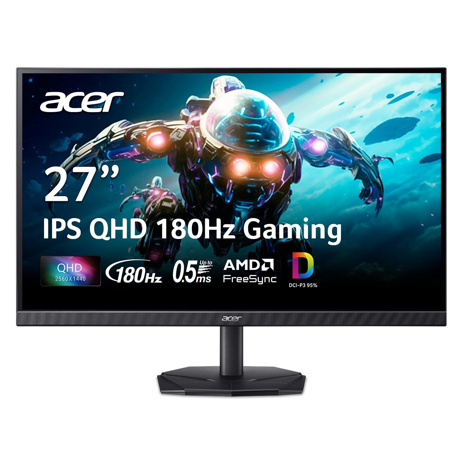 acer acer Nitro 27\" WQHD 2560 x 1440 IPS Gaming Monitor | AMD FreeSync | Up to 180Hz Refresh | Up to 0.5ms | DCI-P3 95% | HDR 10 Support | 1 x Display Port 1.2 & 2 x HDMI 2.0 | KG271U N3bmiipx