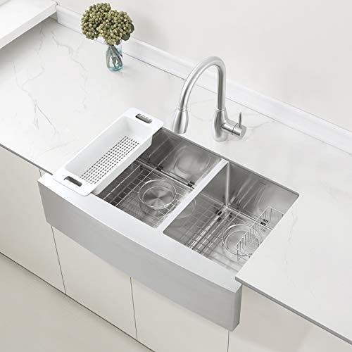ZUHNE ZUHNE Stainless Steel Double Basin Farmhouse Sink 60/40 (33-Inch Curved Apron Front)