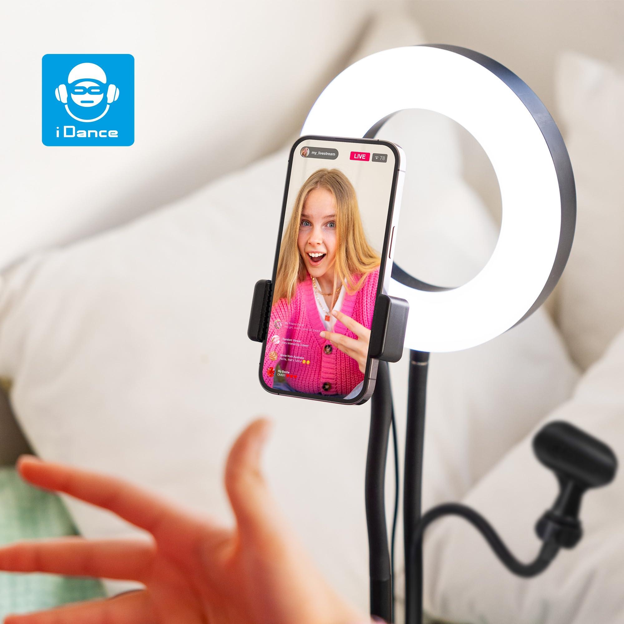 IDANCE iDance LED Ring Light with Stand, 3.5", Portable Desk Ring Light with Cell Phone Mount, Microphone Holder and Tripod for Laptop, Selfie, USB Powered & Remote with Foldable & Adjustable Stand