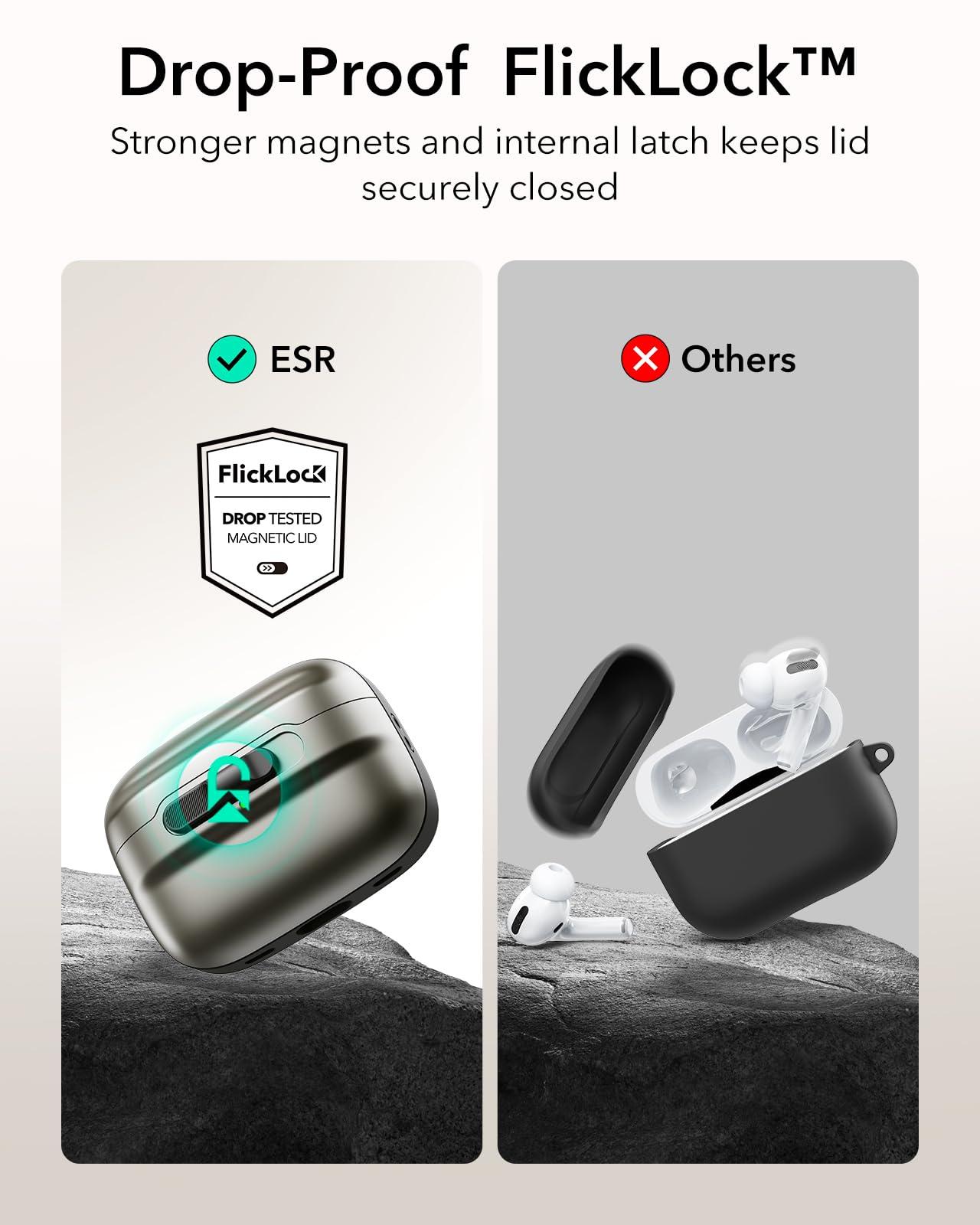 ESR ESR for AirPods Pro Case (2023/2022/2019, 2nd/1st Gen), Compatible with Airpods Pro 2 (USB-C/Lightning Cable), MagSafe Ready, Magnetic Lid Lock, Full Drop Protection Cover with Lanyard, Titanium