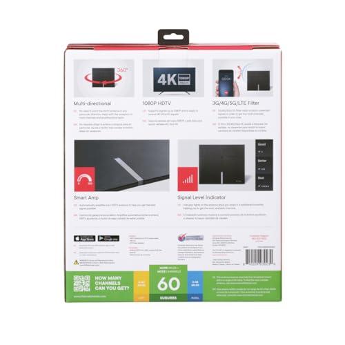 One For All One for All 16472 HDTV 1080p Amplified Indoor TV Antenna 50 Mile Range with Multi Directional Reception, 8 Feet Coaxial Cable & Signal Level Indicator - Black