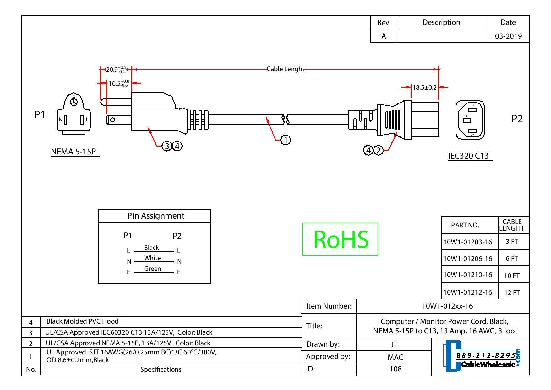 CableWholesale CableWholesale 10 feet Computer/Monitor Power Cord, C13 Female to NEMA 5-15P Male Plug, 3 Pin, 16 AWG, SJT, 13 Amp, C13 to Nema 5-15P Power Cable for PC/Monitor, Black