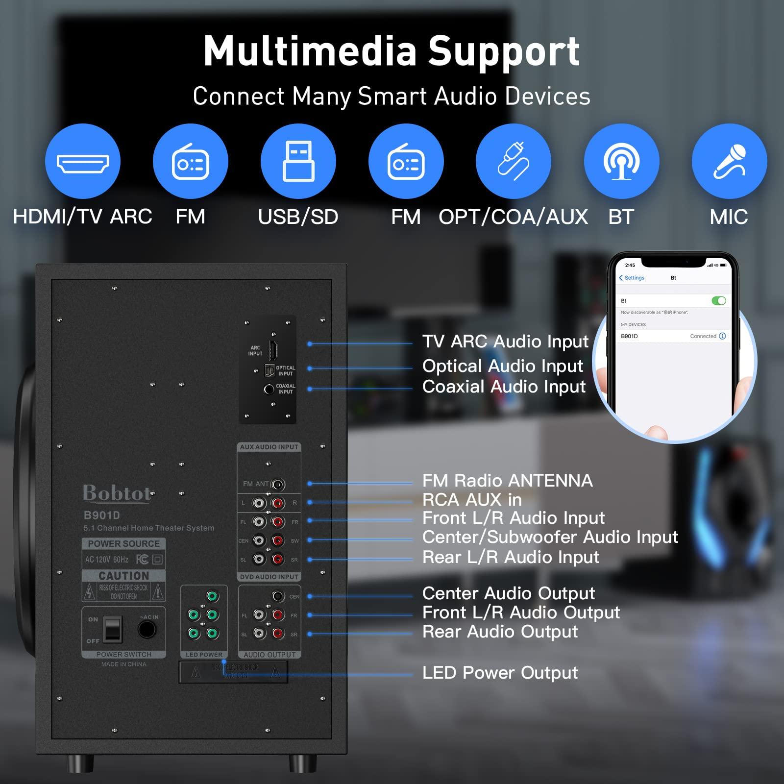 Bobtot Bobtot Home Theater Systems Surround Sound Speakers - 1200 Watts 10 inch Subwoofer 5.1/2.1 Channel Audio Stereo System with HDMI ARC Optical Bluetooth Input for 4K TV Ultra HD AV DVD FM Radio USB