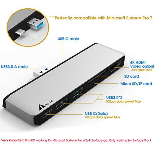 1ASALL Surface Pro 7 Hub Docking Station, 1ASALL USB C Hub Adapter for Surface Pro 7, USB A and USB C Port Converter with 4K HDMI, SD/TF Card Reader, USB-C 5Gbps Data Port, and 2 USB 3.0 Ports. (Silver)