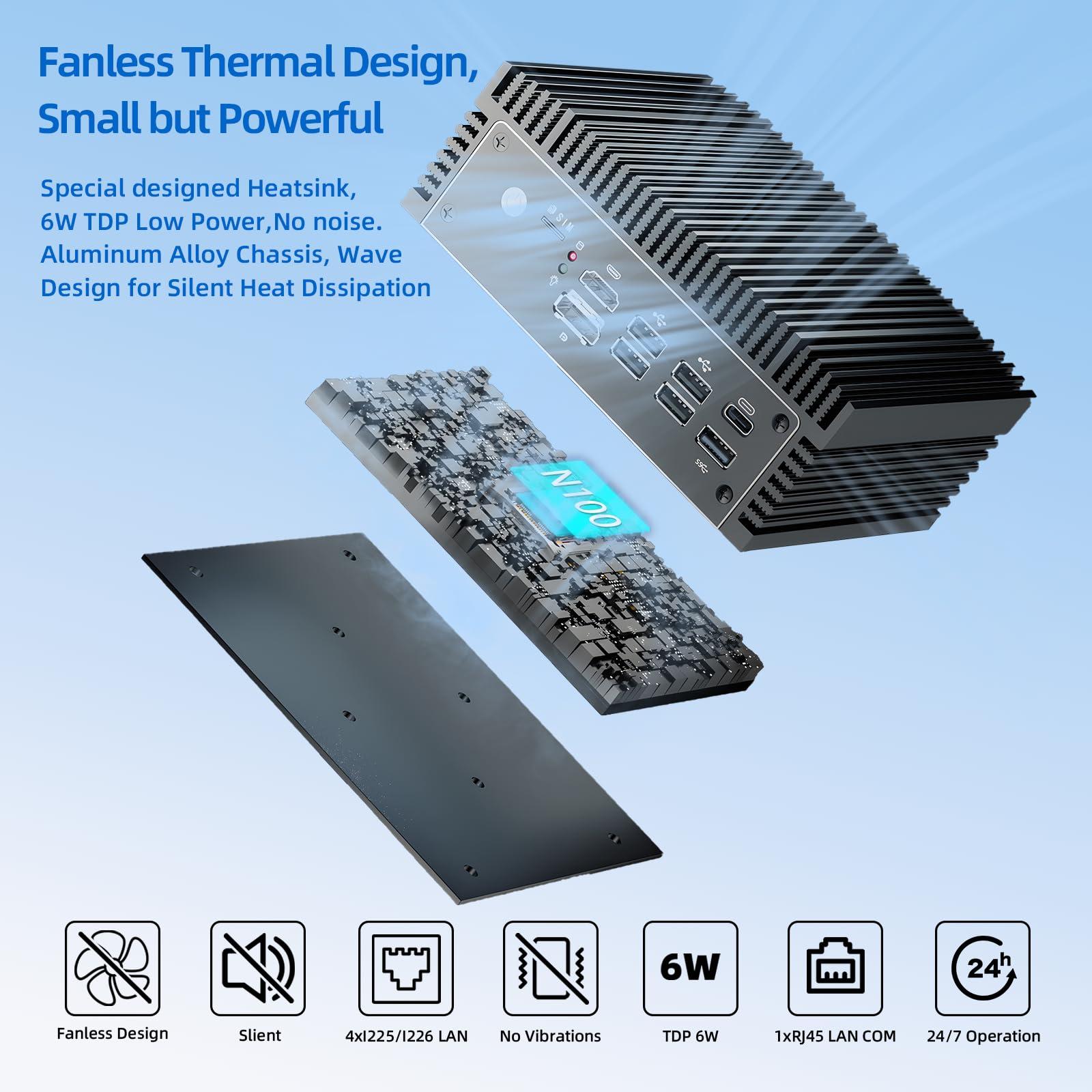NEOSMAY Fanless N100 Industrial Mini PC Micro Firewall Appliance, 4 * 2.5Gbe i225 LAN Ports POE in Mini Computer 8GB DDR4 RAM 128GB SATA SSD, USB-C/5*USB/SIM Slot/HD+DP/Home Network Pfsense Router