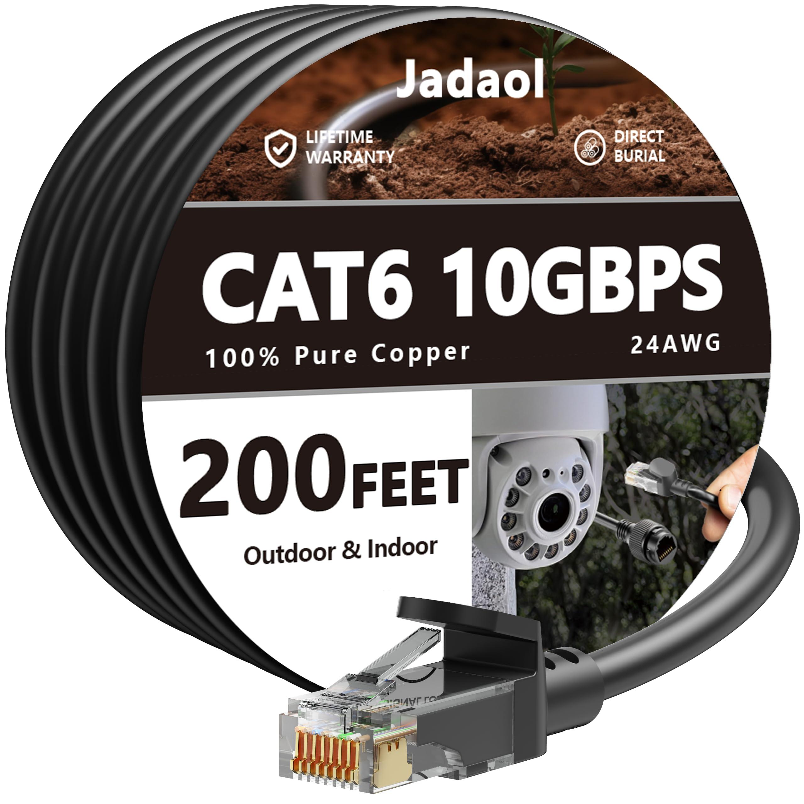 Jadaol Cat6 Outdoor Ethernet Cable 200ft, Support Cat8 Cat7 Network, 10Gbps 24AWG Pure Copper, Heavy Duty Direct Burial In-Ground Waterproof UV Resistant LAN Internet Patch Cable, Durable Long Ethernet Cable