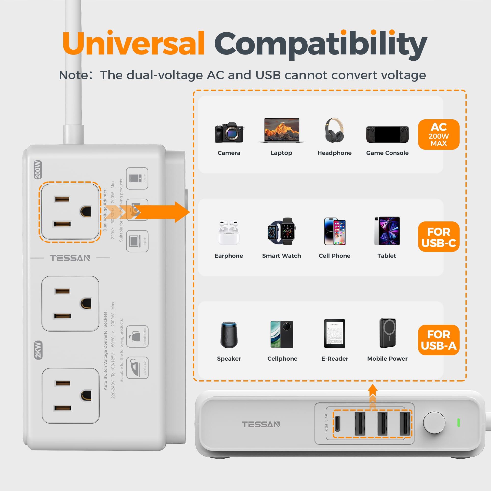 TESSAN 220V to 110V Voltage Converter, TESSAN Universal Travel Adapter with 4 USB Charger (1 USB C), 3 AC Sockets and EU/UK/AU/IT Plug Power Adaptor, Step Down Transformer Outlet Converters for International