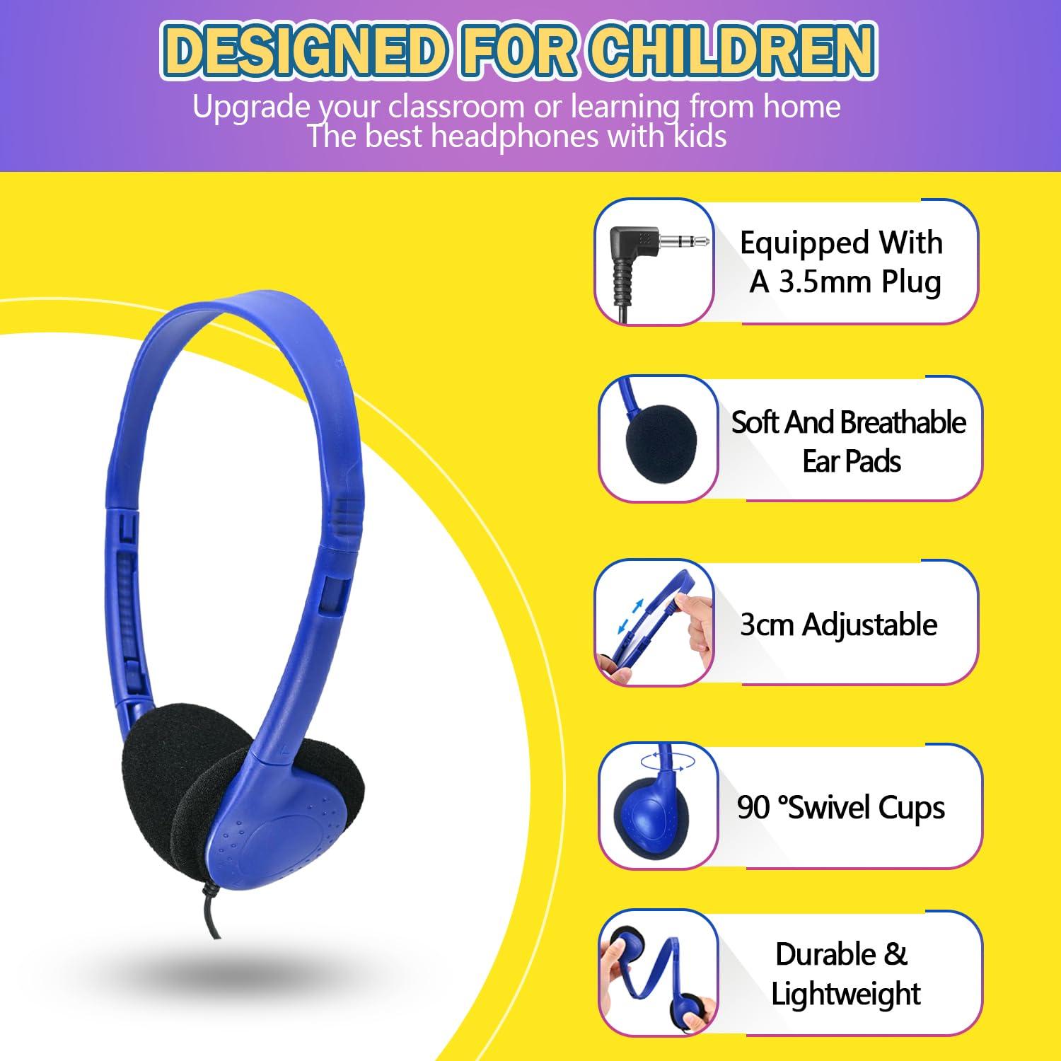Yoley Kids Headphones Bulk 48 Pack for School Classroom Students K-12 & Teachers, Perfect for Library Airplane Online Learning and Travel, Stereo Sound 3.5mm Jack (12 Colors)