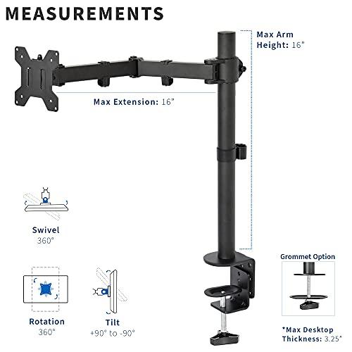 VIVO VIVO Single Monitor Arm Desk Mount, Holds Screens up to 32 inch Regular and 38 inch Ultrawide, Fully Adjustable Stand with C-Clamp and Grommet Base, VESA 75x75mm or 100x100mm, Black, STAND-V001