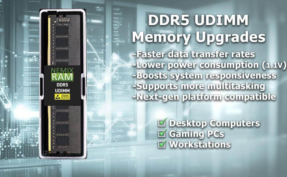 NEMIX RAM NEMIX RAM 32GB (1X32GB) DDR5 5200MHz PC5-41600 2Rx8 1.1V CL44 288-PIN Non-ECC Unbuffered UDIMM Desktop PC RAM Memory