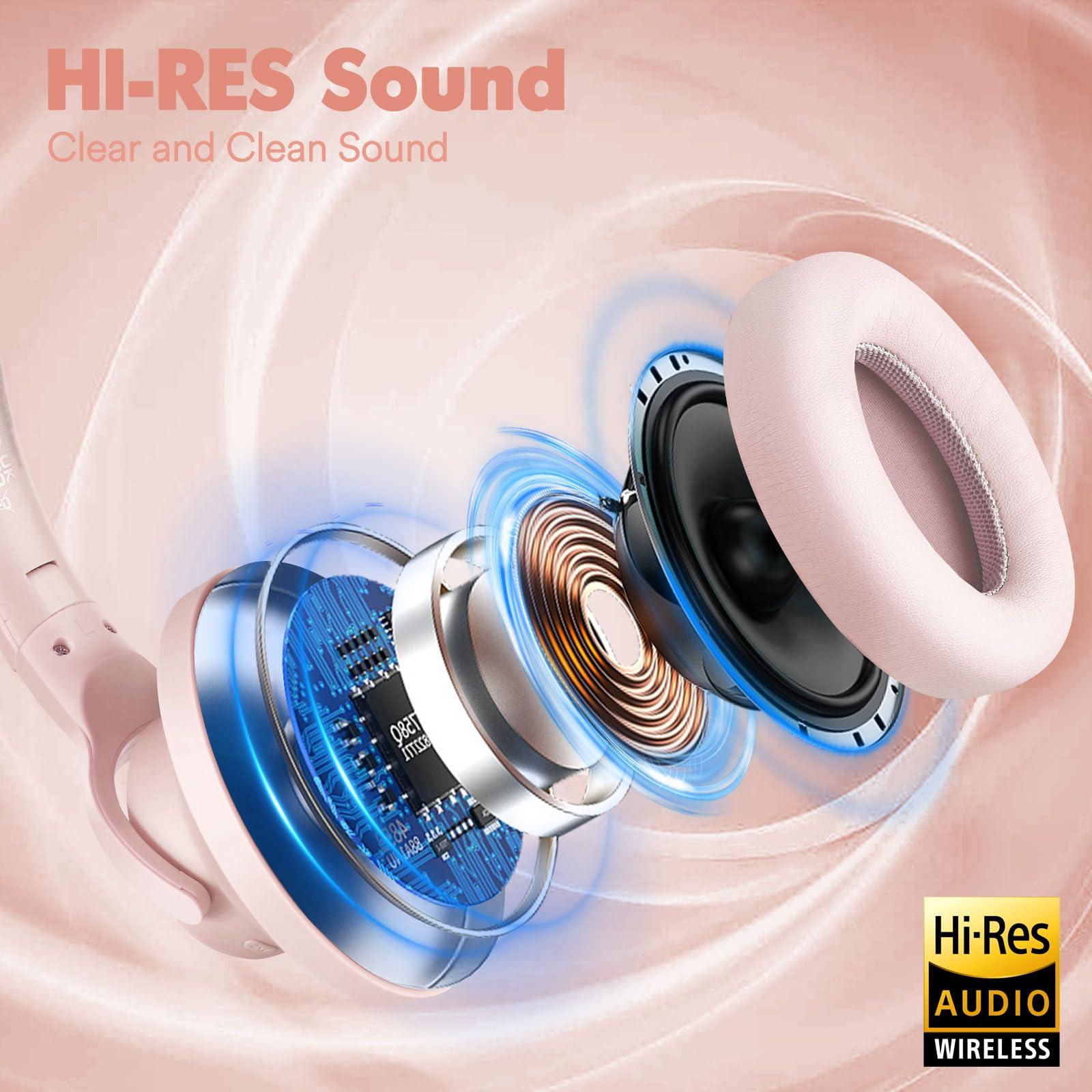 ZIHNIC ZIHNIC Active Noise Cancelling Headphones, 60H Playtime Wireless Bluetooth Headset Low Latency-Pink