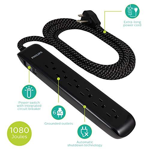 PHILIPS Philips 6 Outlet Surge Protector Power Strip, Designer Braided Power Cord, 10 Ft Power Cord, Flat Plug Extension Cord, Perfect for Office or Home Décor, 1080 Joules, ETL Listed, Black, SPC3064BG/37