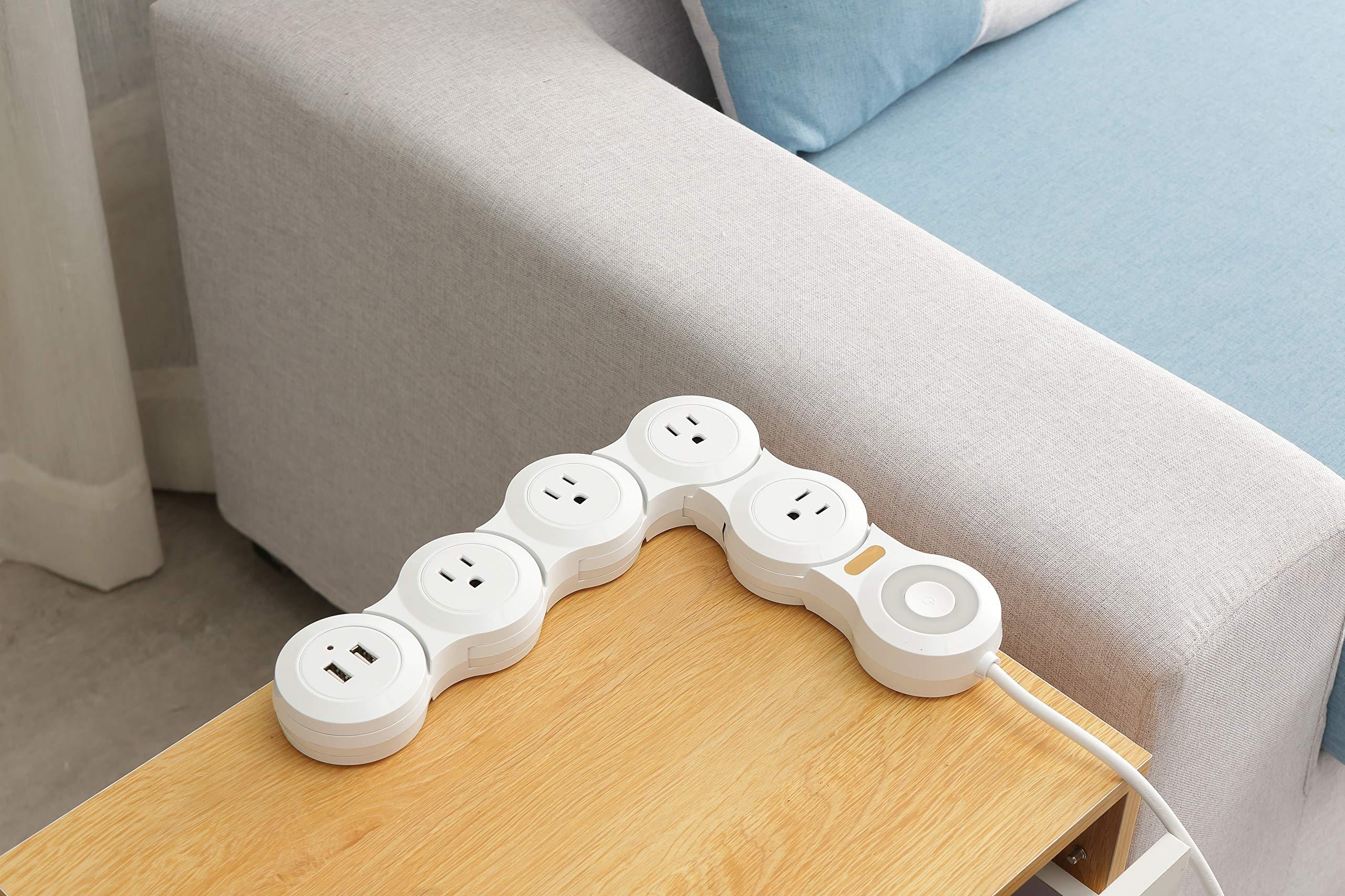 VVONS Flexible Surge Protector Power Strip, 6 Feet Long Cord 4 Outlets 2 USB 10V/13amp Flat Plug with Overload Protection Extension Cord,Suitable for Home Office Travel,White