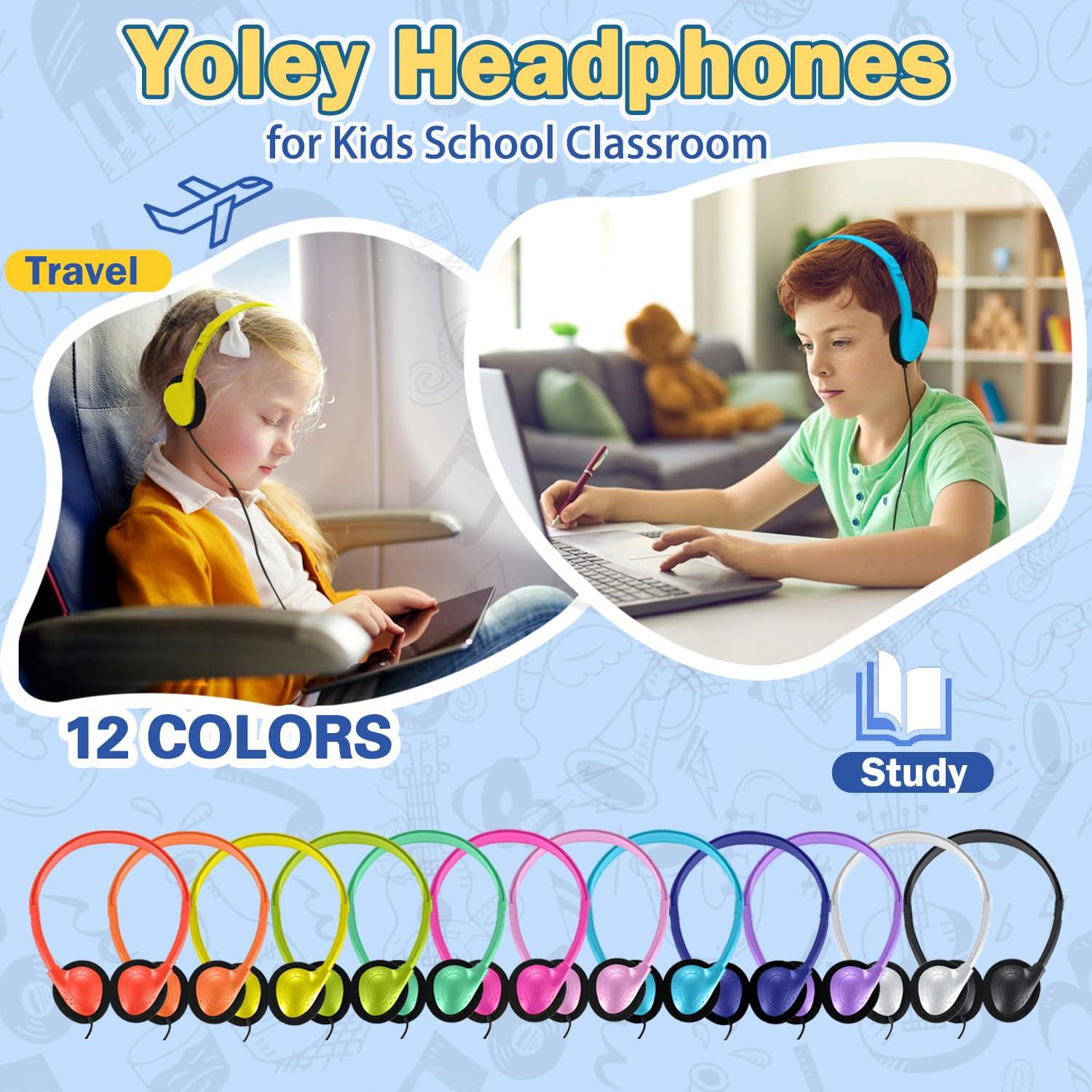 Yoley Kids Headphones Bulk 48 Pack for School Classroom Students K-12 & Teachers, Perfect for Library Airplane Online Learning and Travel, Stereo Sound 3.5mm Jack (12 Colors)