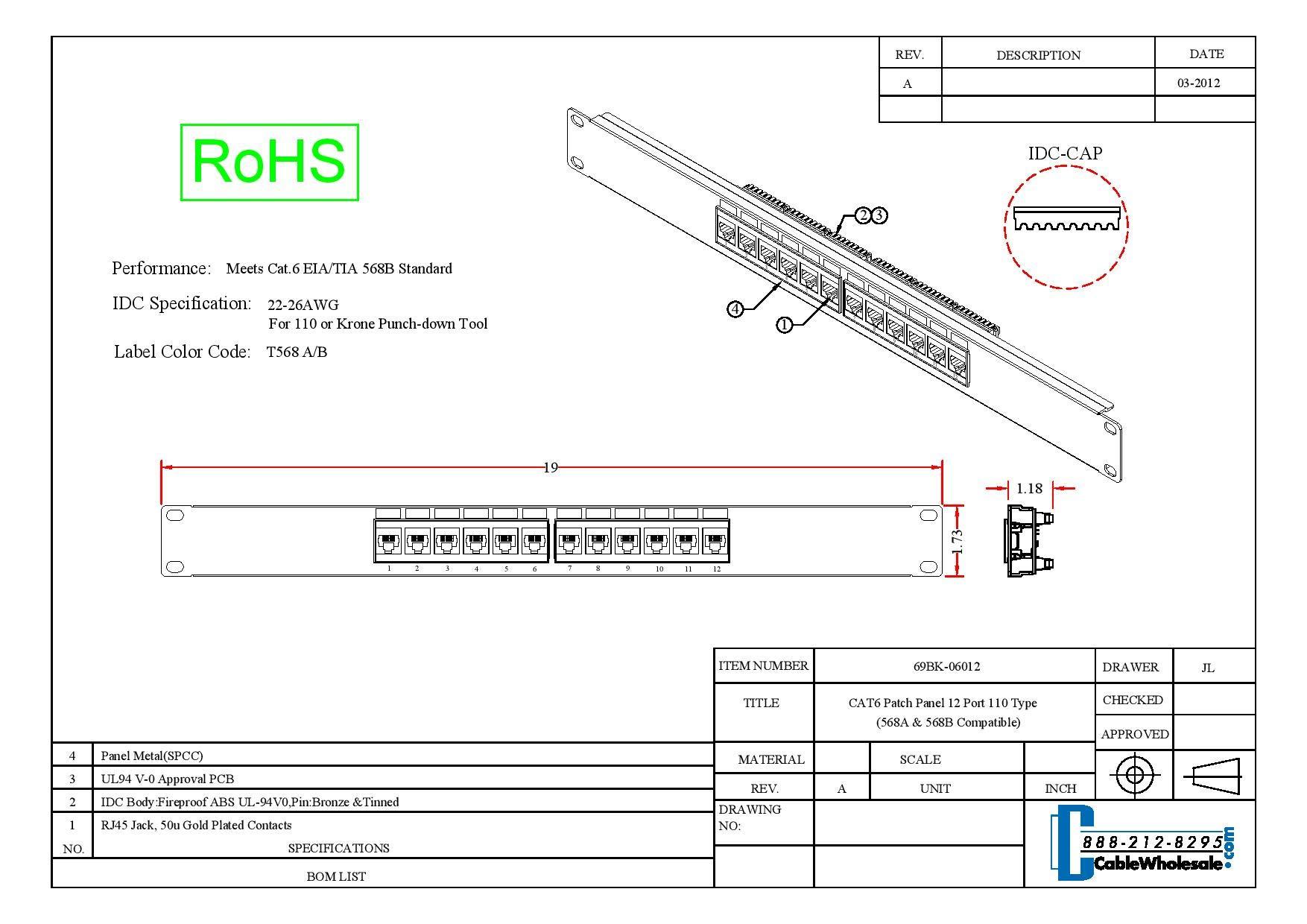 CableWholesale CableWholesale 12 Port Cat6 Patch Panel, 19\" Horizontal Rackmount or Wall Mount Panel, RJ45 Ethernet 110 Type, 568A/568B Compatible, 1U, Black