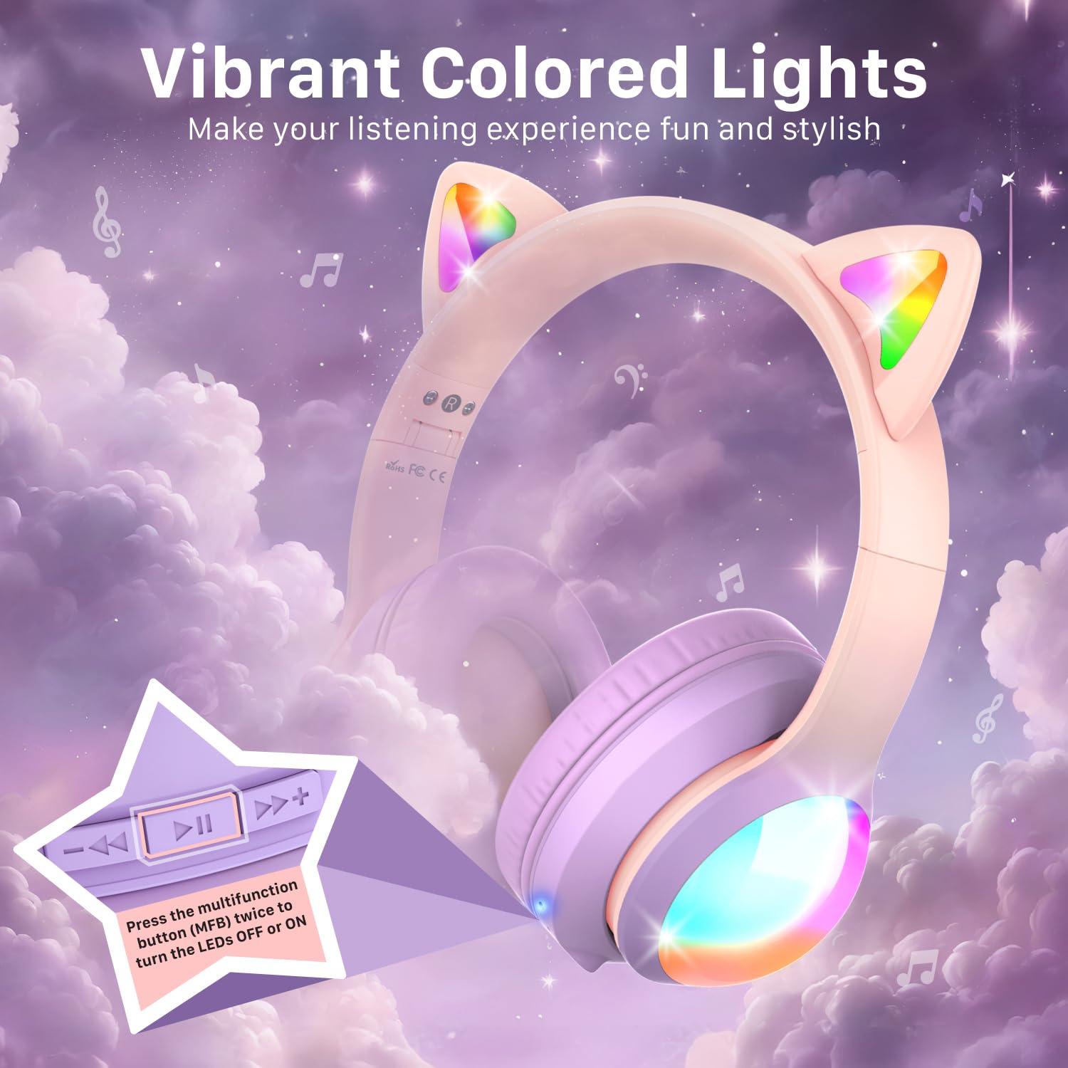 FosPower FosPower Kids Bluetooth 5.2 Headphones with LED Cat Ears (85/94dB Volume Limit & 100H Play Time) Foldable Wireless/Wired Headset with 3.5mm Cable for School/Travel - Light Pink/Light Purple