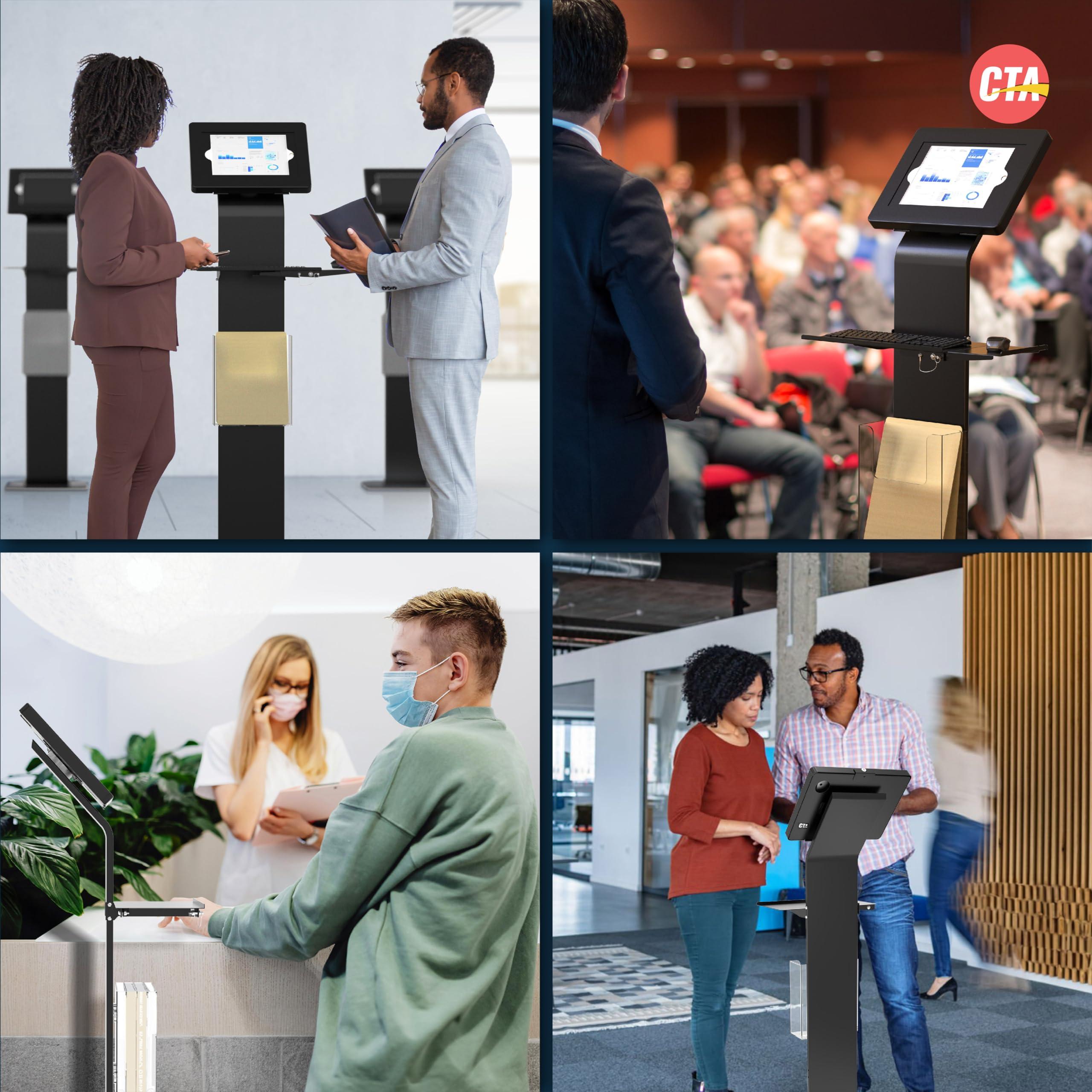 CTA Digital Anti-Theft Mobile Workstation Stand - CTA Locking Floor Stand Kiosk w/Secure Enclosure, Keyboard Tray & Storage - iPad 10.2" 7/8/9 Gen - 11" iPad Pro - Galaxy Tab A & More - Black - (PAD-PARAFK)