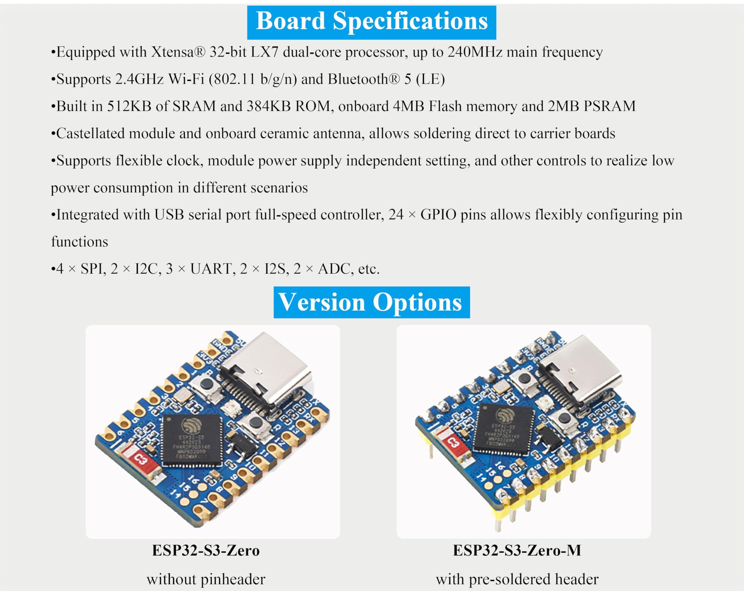 waveshare ESP32-S3 Mini Development Board, Based on ESP32-S3FH4R2 Dual-Core Processor, 240MHz Running Frequency, 2.4GHz W-i-F-i & Blue-Too-th 5, Onboard 4MB Flash Memory/2MB PSRAM