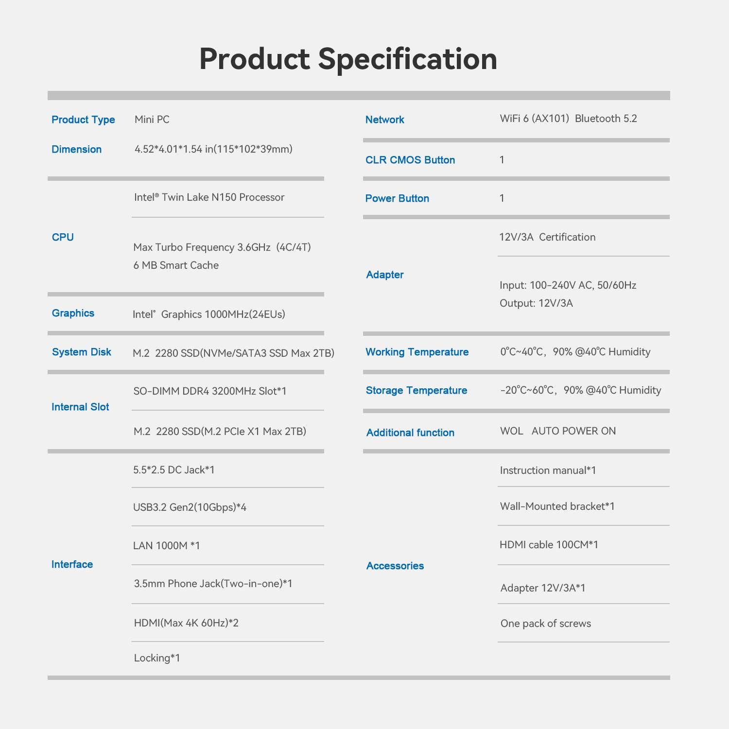 Beelink Beelink Mini PC, Mini S13 Mini Computer Intel Twin Lake N150(up to 3.6GHz), Desktop Computers 16G DDR4 RAM 1TB PCIe3.0 SSD, Small PC 4K UHD Dual HDMI/Wifi6/BT5.2 for Office/Home/HTPC/NAS/W-11 Pro