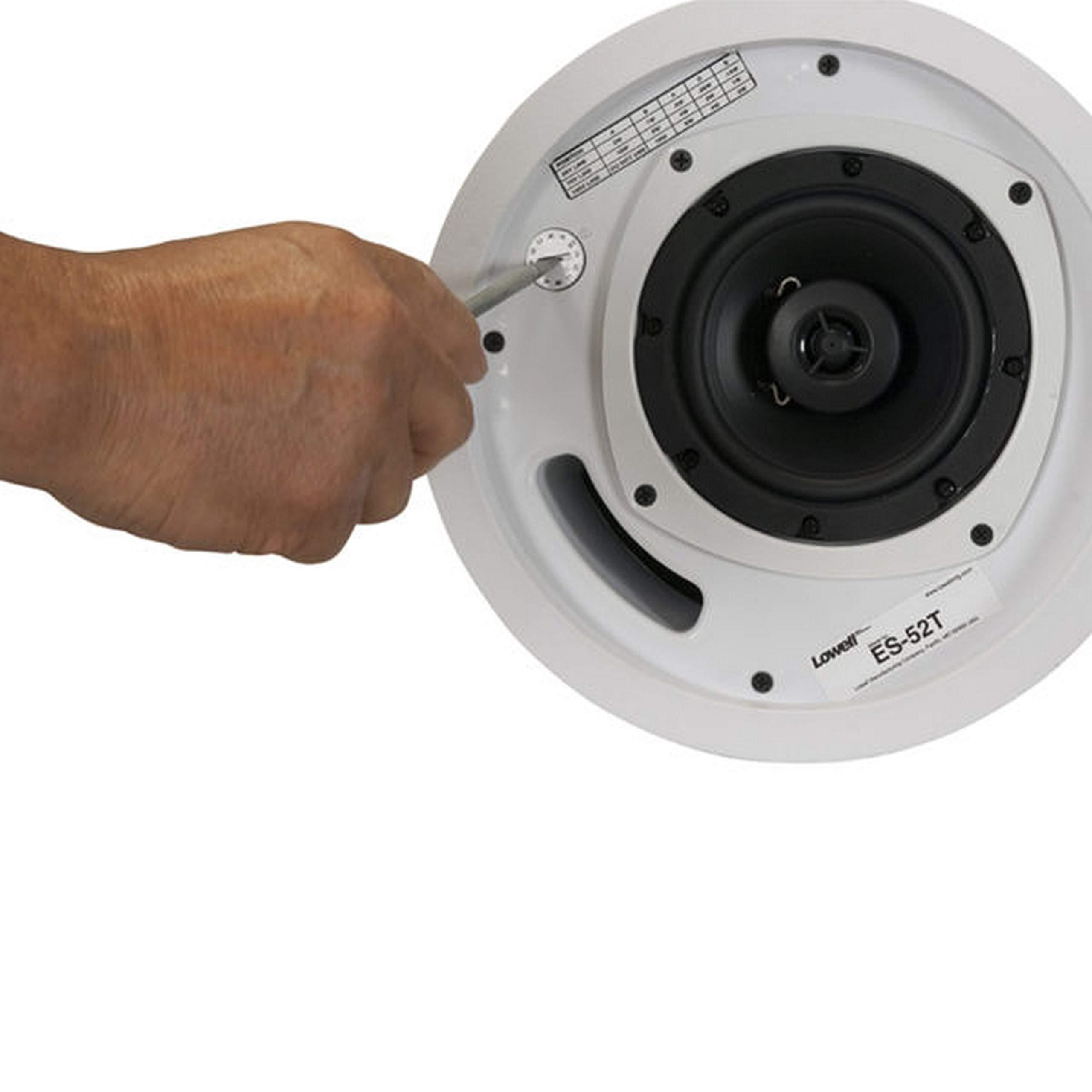 Lowell Manufacturing Lowell ES-52T 5.25-Inch Coaxial Ceiling Speaker with Transformer, Grille, Enclosure, Mounting Ring/Rails; Coaxial Driver with High-Frequency Mylar Tweeter/Acoustic Lens; 16 W Transformer with Bypass
