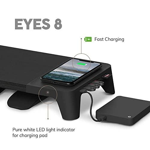 POUT POUT E8 Wood Desk Monitor Computer Stand Riser Shelf + USB HUB + Qi Fast Wireless Charging Charger Pad Mat for Laptop, Apple, iMac, PC, iPhone, Samsung Galaxy, Airpod 2, Buds (Black)