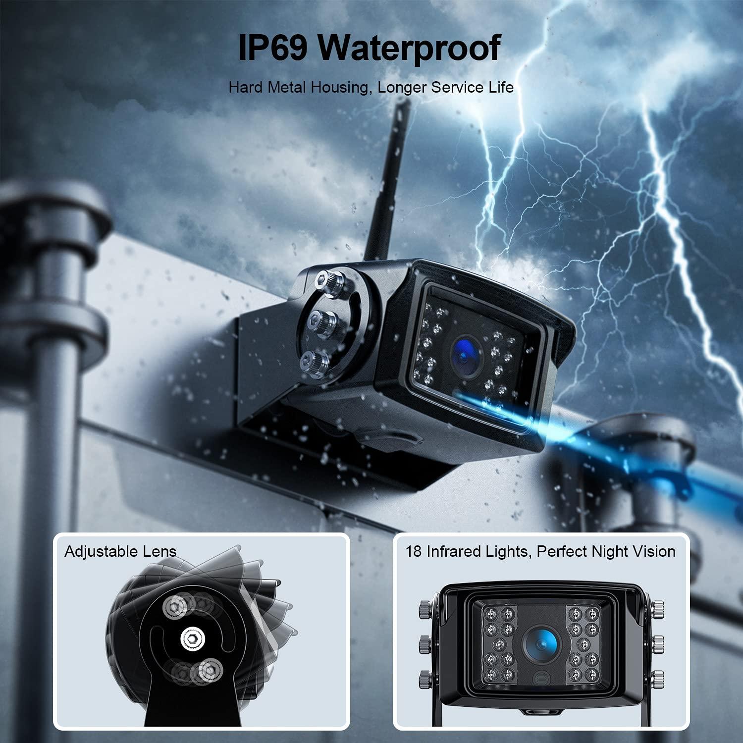 Fookoo Fookoo 1080P 7" Wireless Backup Camera System, 7" HD Dual/Quad Split Monitor with Recording, IP69 Waterproof Rear View Front View Cameras with Parking Lines, Suits for RV/Truck/Trailer/Van/Bus(DW702)