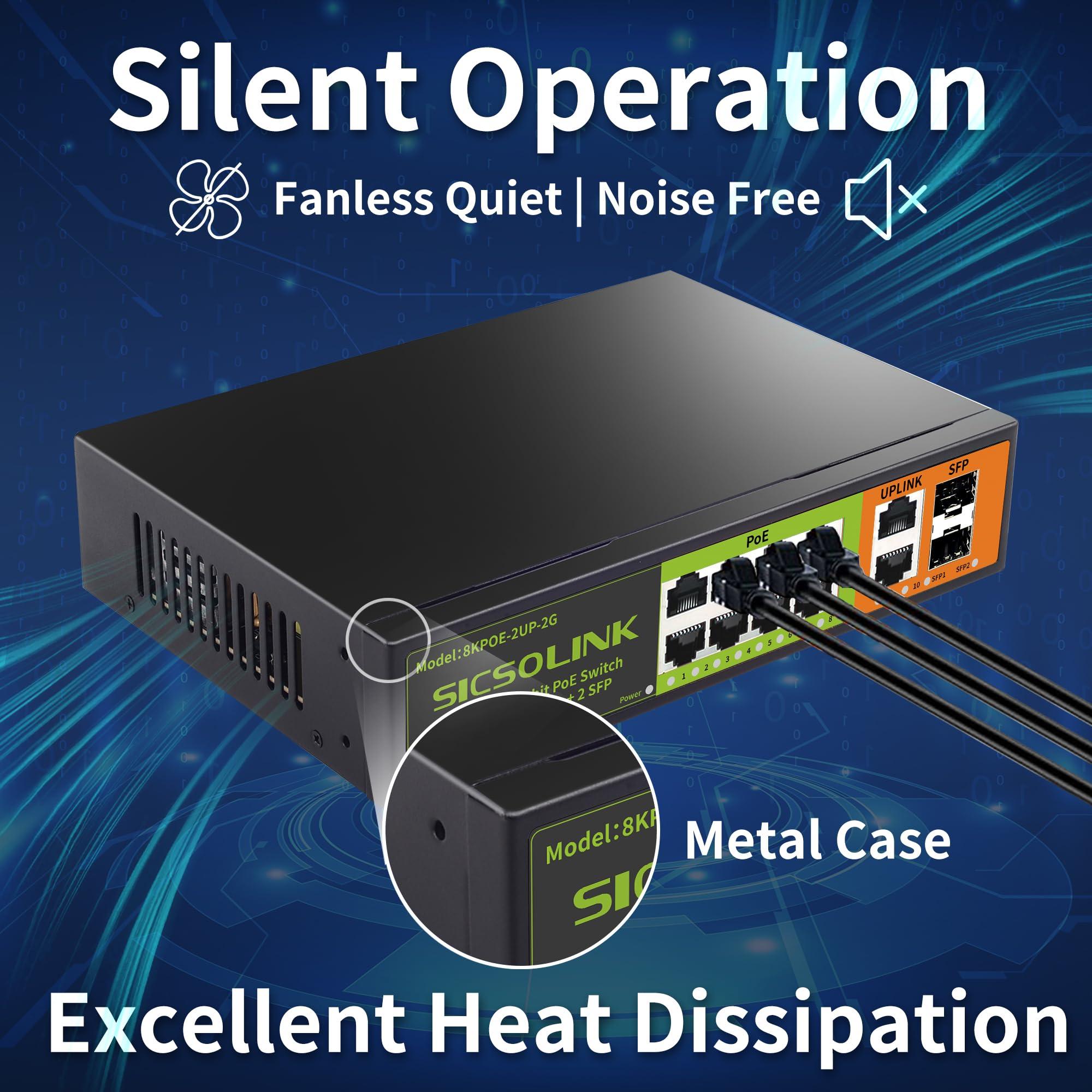 SICSOLINK 8 Ports Gigabit PoE Switch with 2 Uplink & 2 SFP Ports,1000Mbps PoE Ethernet Unmanaged Network Switch,120W, Plug & Play, Suitable for Access Point-AP and PoE Surveillance Camera