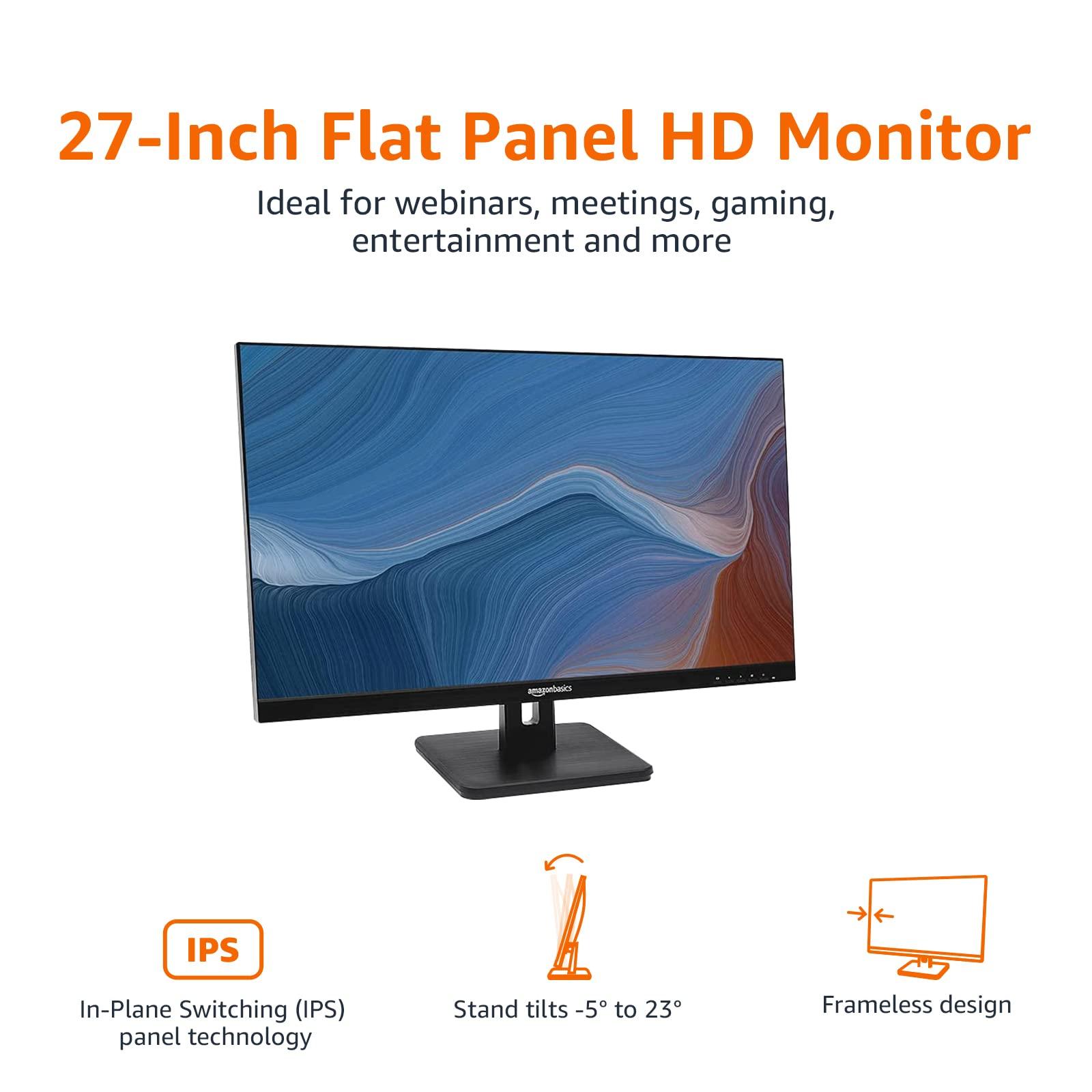 Amazon Basics Amazon Basics IPS Monitor 75 Hz Powered with AOC Technology FHD 1080P HDMI, Display Port and VGA Input VESA Compatible Built-in Speakers for Office and Home, 27 in, Black