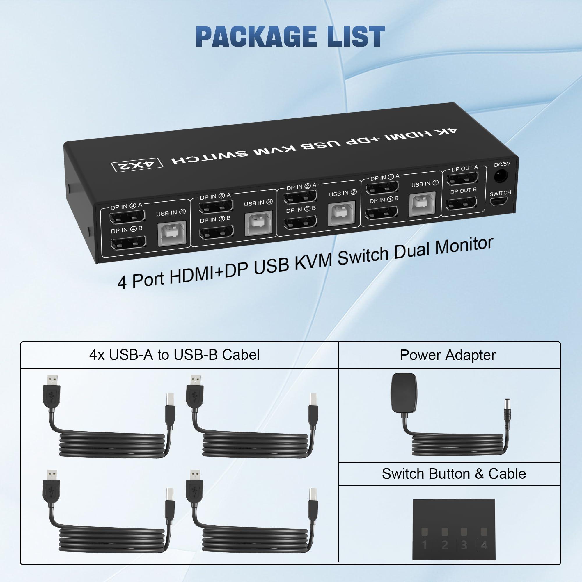 Arkidyn Plus Displayport+HDMI Dual Monitor KVM Switch for 4 PCs, 4K 60Hz KVM Switch 2 Monitors 4 Computers, with Audio Microphone Output and 3 USB 2.0 Ports, HDMI+DP Monitor Switch for 4 PCs 2 Monitors