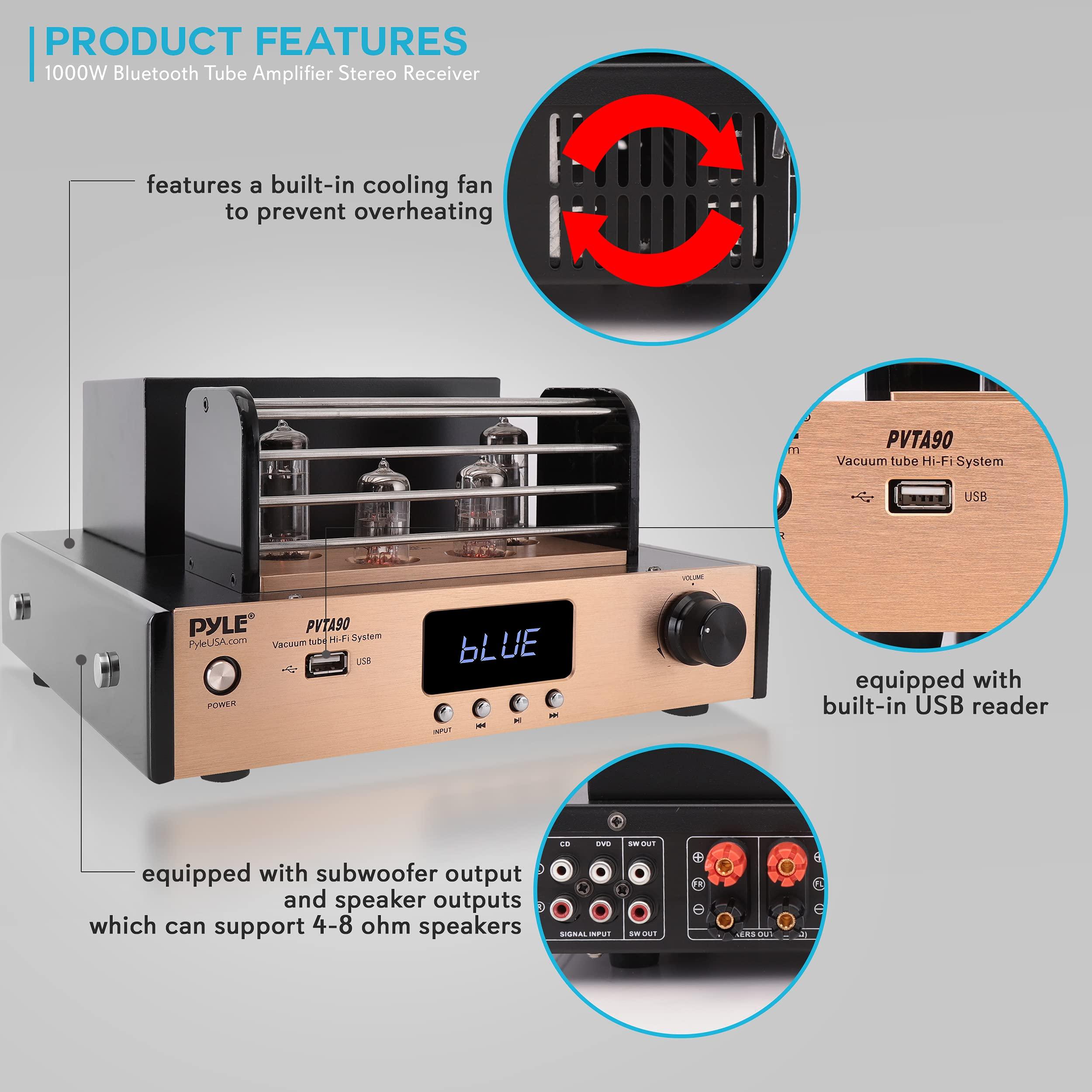 Pyle Bluetooth Tube Amplifier Stereo Receiver - 1000W Home Audio Desktop Stereo Vacuum Hi-Fi Power Amplifier Receiver w/ 4 Vacuum Tubes, USB/CD/DVD Input, Subwoofer Output - Pyle PVTA90