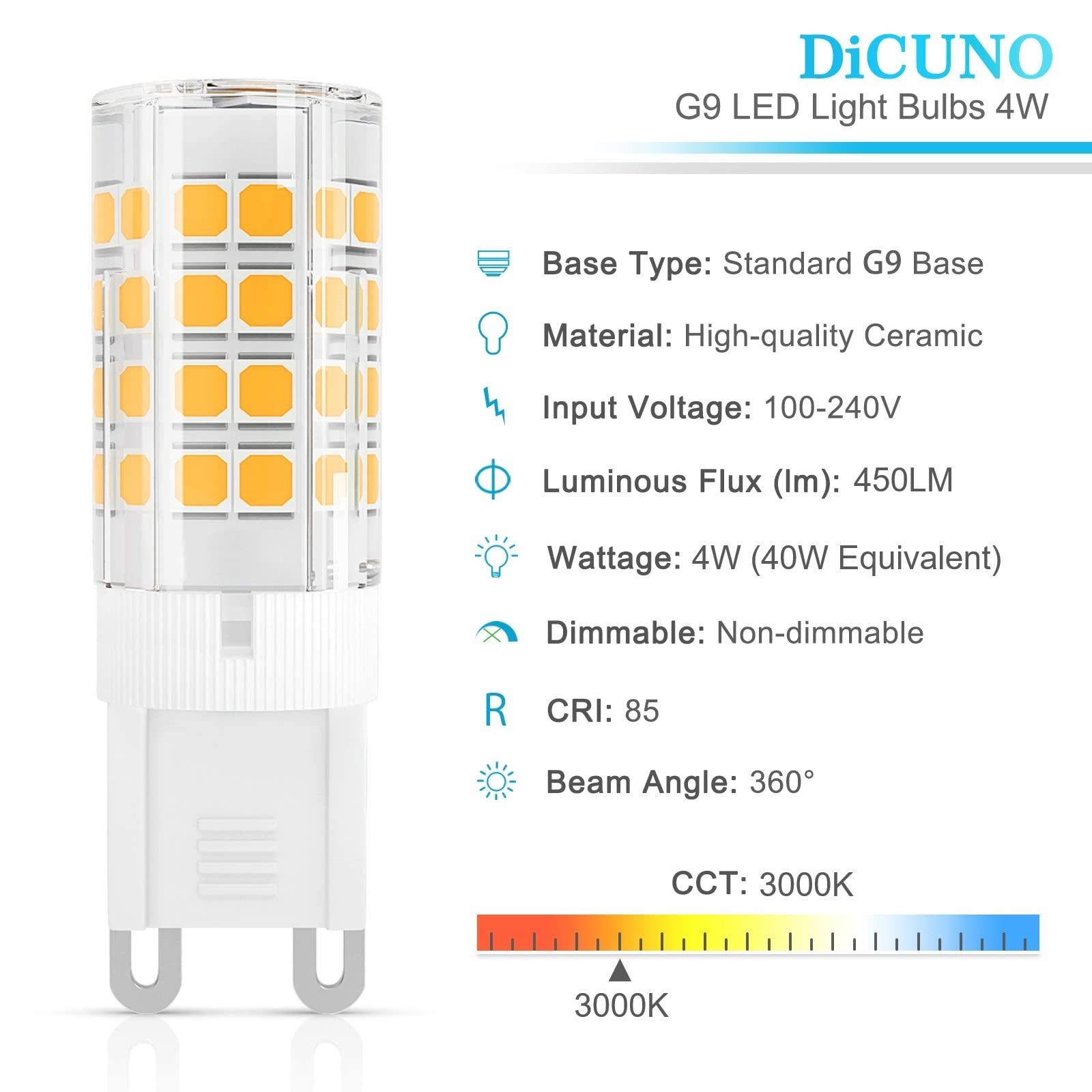 DiCUNO DiCUNO G9 LED Light Bulb 4W, 40W Halogen Replacement, Warm White 3000K, G9 Bi-Pin Ceramic Base, 120V, 450LM, Non-dimmable, for Chandelier Light, Pendant Light, 6-Pack