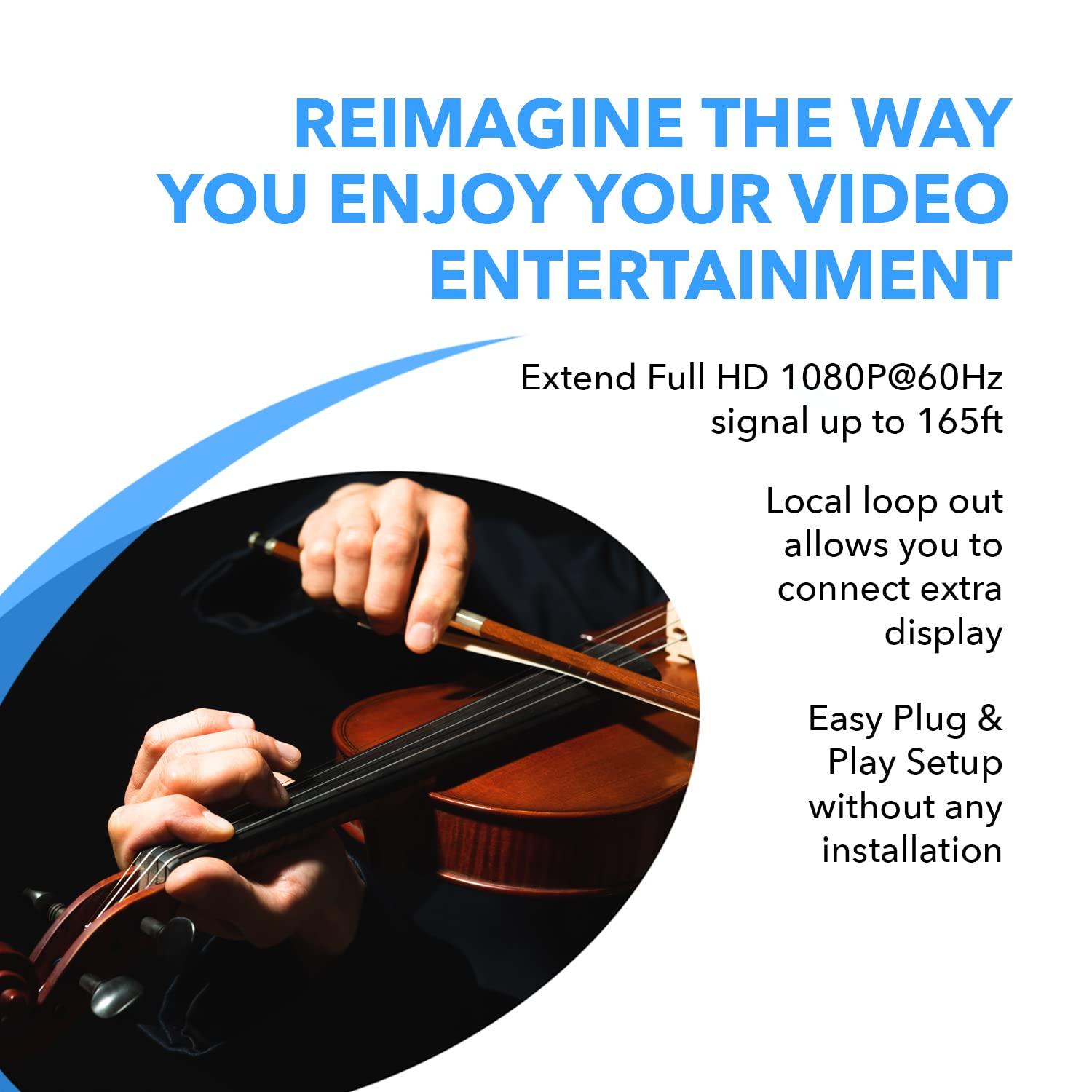 OREI OREI 4K 1x4 HDMI extender splitter over CAT6/7 ethernet cable up to 4K@30Hz upto 165 ft-1080P, IR control, EDID, HDMI loop out (HD14-EX165-K)