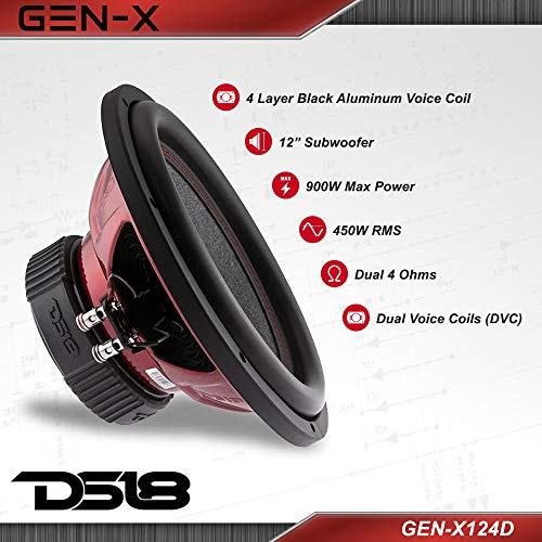 DS18 DS18 GEN-X124D Subwoofer in Black - 4 Layer Black Aluminum Voice Coil, 12", 900W Max Power, 450W RMS, Dual 4 Ohms - Powerful Car Audio Bass Speaker (1 Speaker)