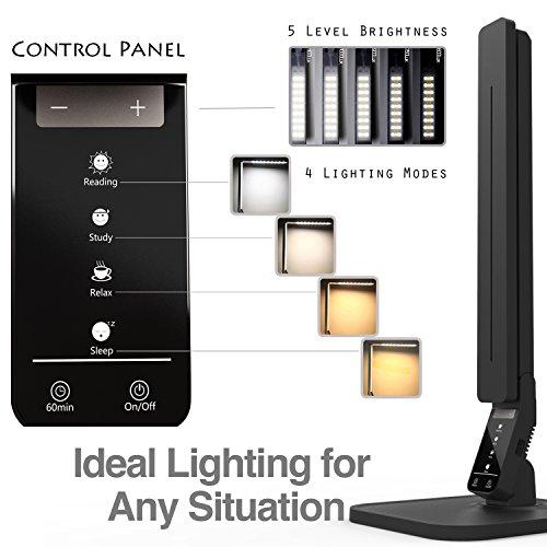Lampat LAMPAT Dimmable LED Desk Lamp, 4 Lighting Modes (Reading/Studying/Relaxation/Bedtime), 5-Level Dimmer, Touch-Sensitive Control Panel, 1-Hour Auto Timer, 5V/1A USB Charging Port, Piano Black