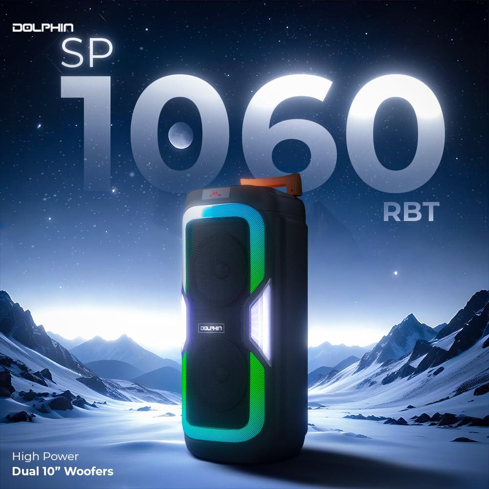 Dolphin Dolphin New SP-1060RBT: Crisp & DEEP BASS - Dual 10\" Bluetooth Portable Speaker w/Light Show - Rechargeable Speaker | Immersive Sound, Vibrant LED Lights, Wireless Connectivity