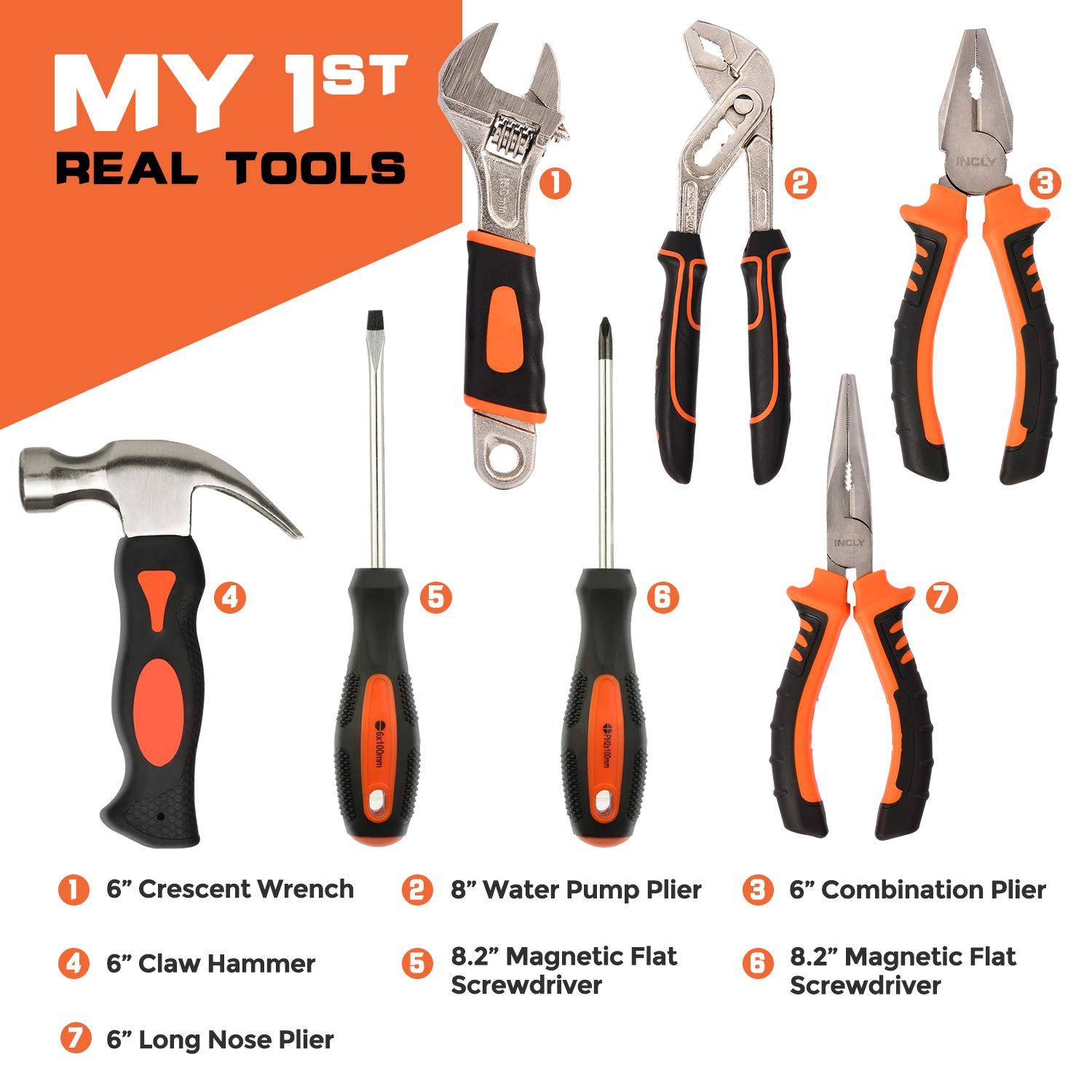 INCLY INCLY 95 PCS Kids Real Tool Set, Boys Small Real Hand Tools Kit, Children Construction Learning Tools Hammer Screwdriver for Home DIY Building and Woodworking,Come with Tool Belt & Bag