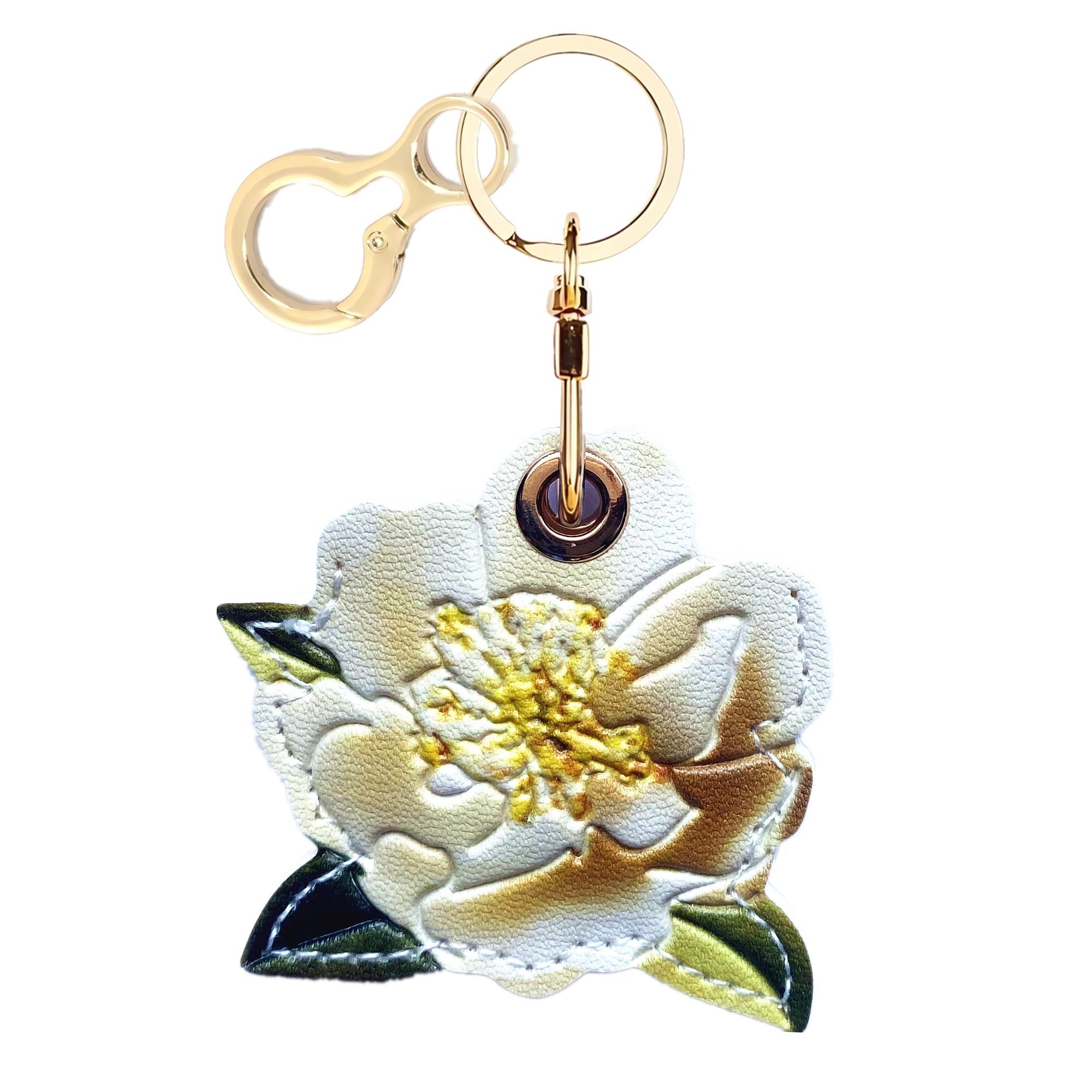 BORKUANA BORKUANA Leather Keychain Holder Case Compatible with Apple AirTag, Cute Protective Air Tag Cover with Keychain Ring, Anti-Scratch Finder GPS Tracker Case for Wallet Keys(White Peony)