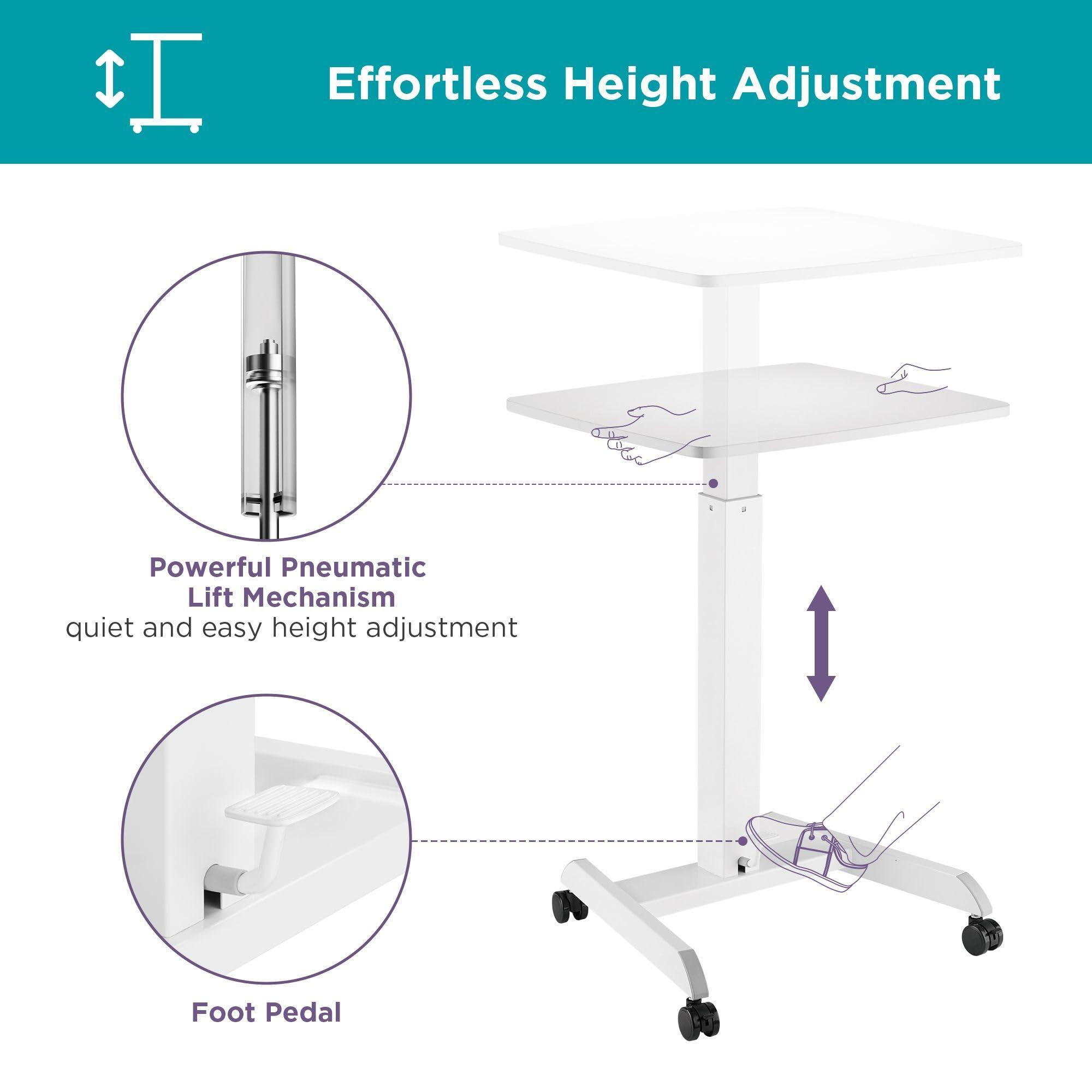 Kantek Kantek Mobile Sit Stand Laptop Computer Desk, Adjustable Height (29.6\" to 44.2\"), Compact 23.6\" W X 20.5\" D Platform, Foot Pedal Control, Steel Frame, White