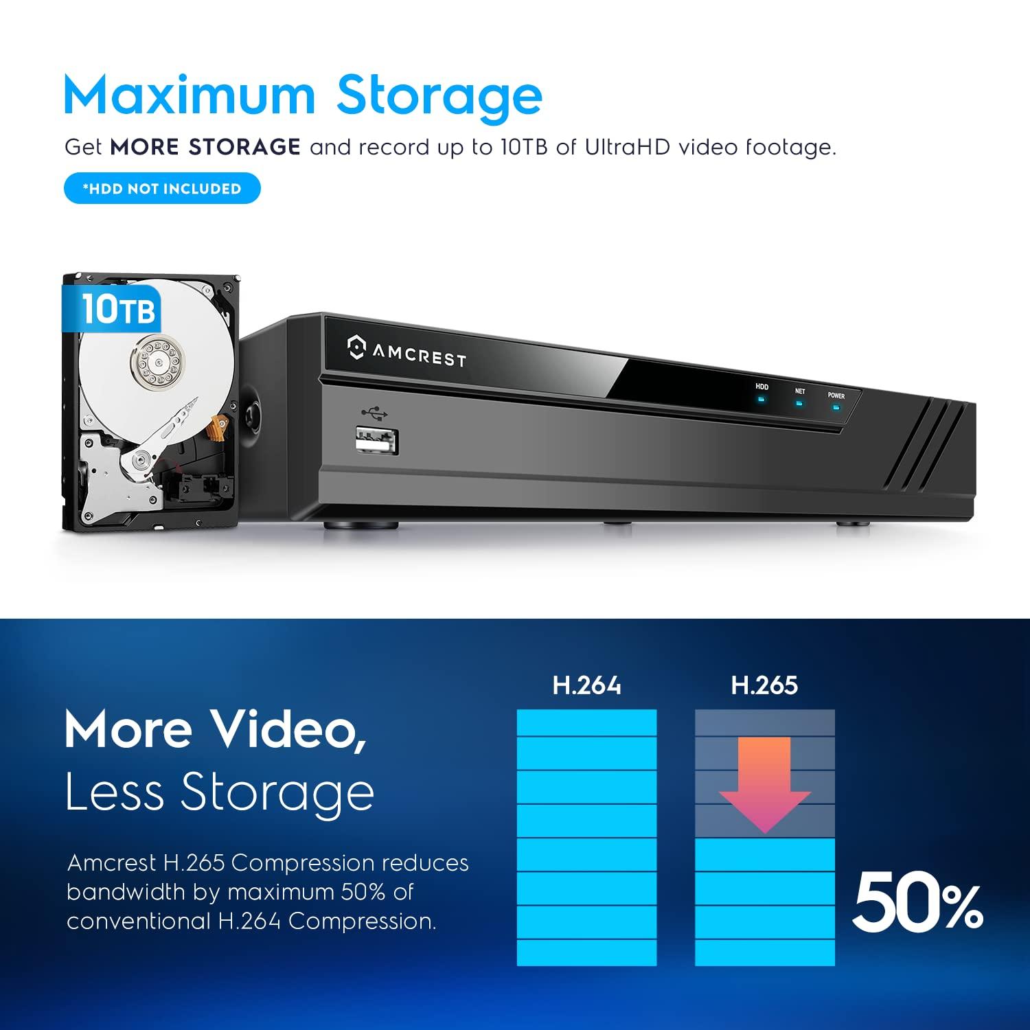 Amcrest Amcrest NV4108E-A2 4K 8CH POE NVR (1080p/3MP/4MP/5MP/8MP) POE Network Video Recorder - Supports up to 8 x 8MP/4K IP Cameras, 8-Channel Power Over Ethernet Supports up to 10TB HDD (Not Included)