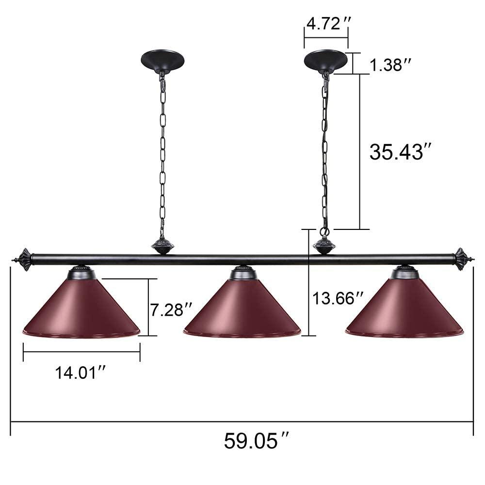 Wellmet Wellmet Pool Table Lights for 8'/9' Table with 3 Metal Shades, Billiard Lamp for Man Cave, Game Room, Kitchen Island Light for Restaurant Or Dining Room (Burgundy, 59 inch-3 Lights)