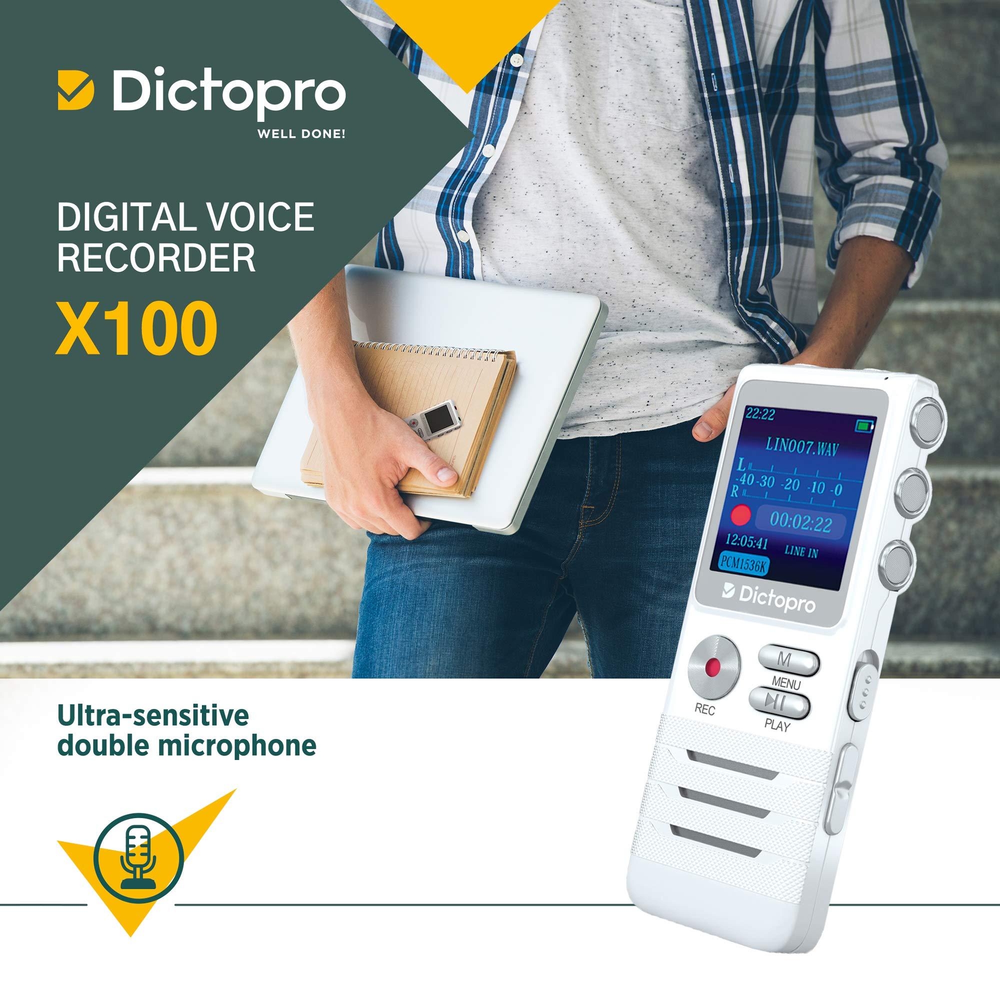 Dictopro Digital Voice Activated Recorder by Dictopro- Easy HD Recording of Lectures and Meetings with Double Microphone, Noise Reduction Audio, Sound, Portable Mini Tape Dictaphone, MP3, USB, 8GB