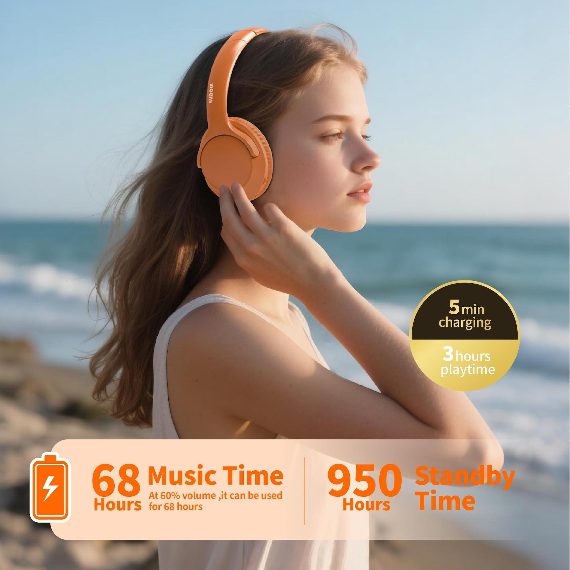MIDOLA MIDOLA Bluetooth Headphones Over Ear 68H Playtime 6 EQ Wireless Headset with Microphone HiFi Stereo Foldable Lightweight Deep Bass for Travel Home Office Cellphone Orange