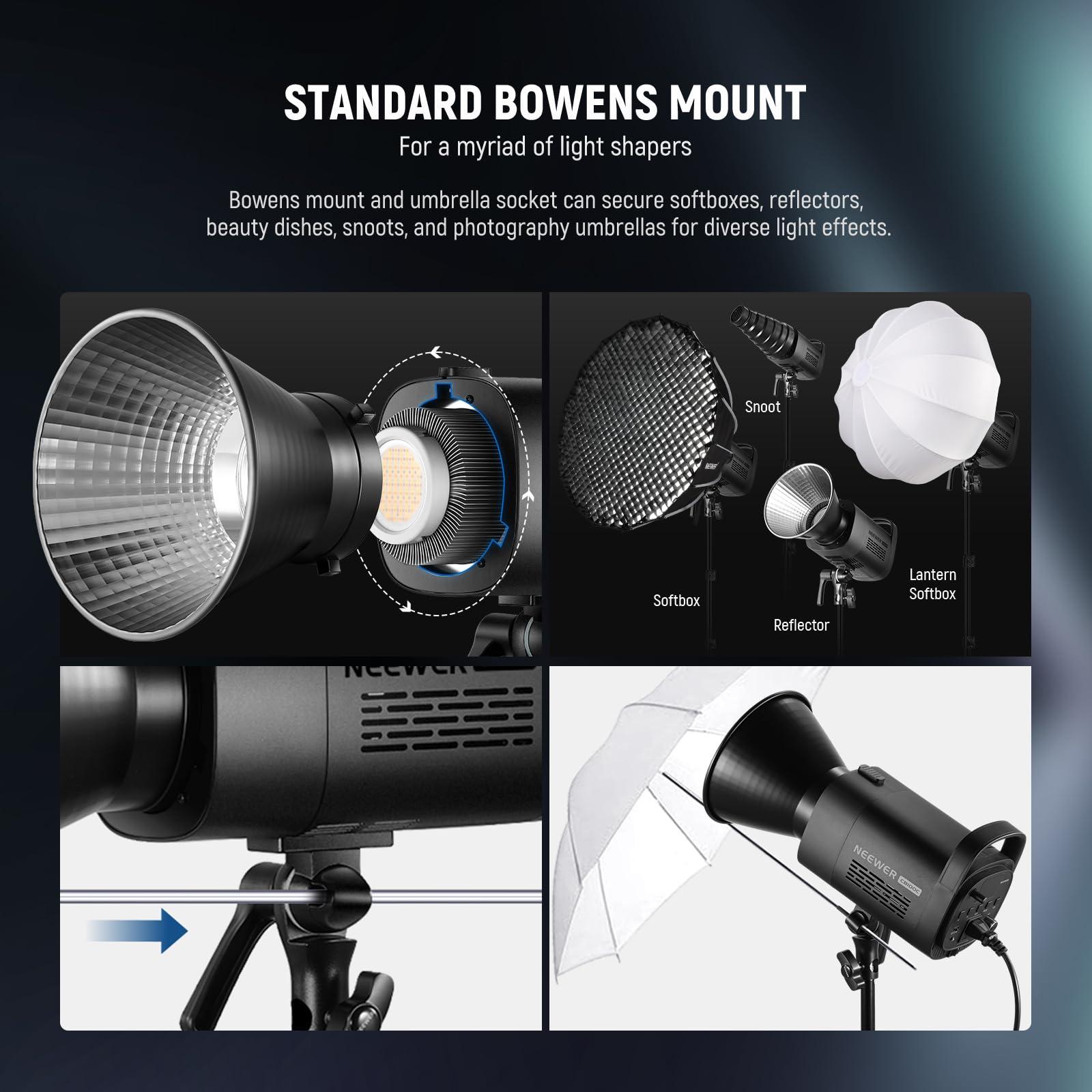 NEEWER NEEWER CB100C 130w RGB LED Video Light, APP/2.4G Control 360 Full Color 2700K-6500K 27000lux/m COB Bowens Mount Silent Continuous Output Lighting TLCI/CRI97+ 17 Scenes for Video Recording Photography