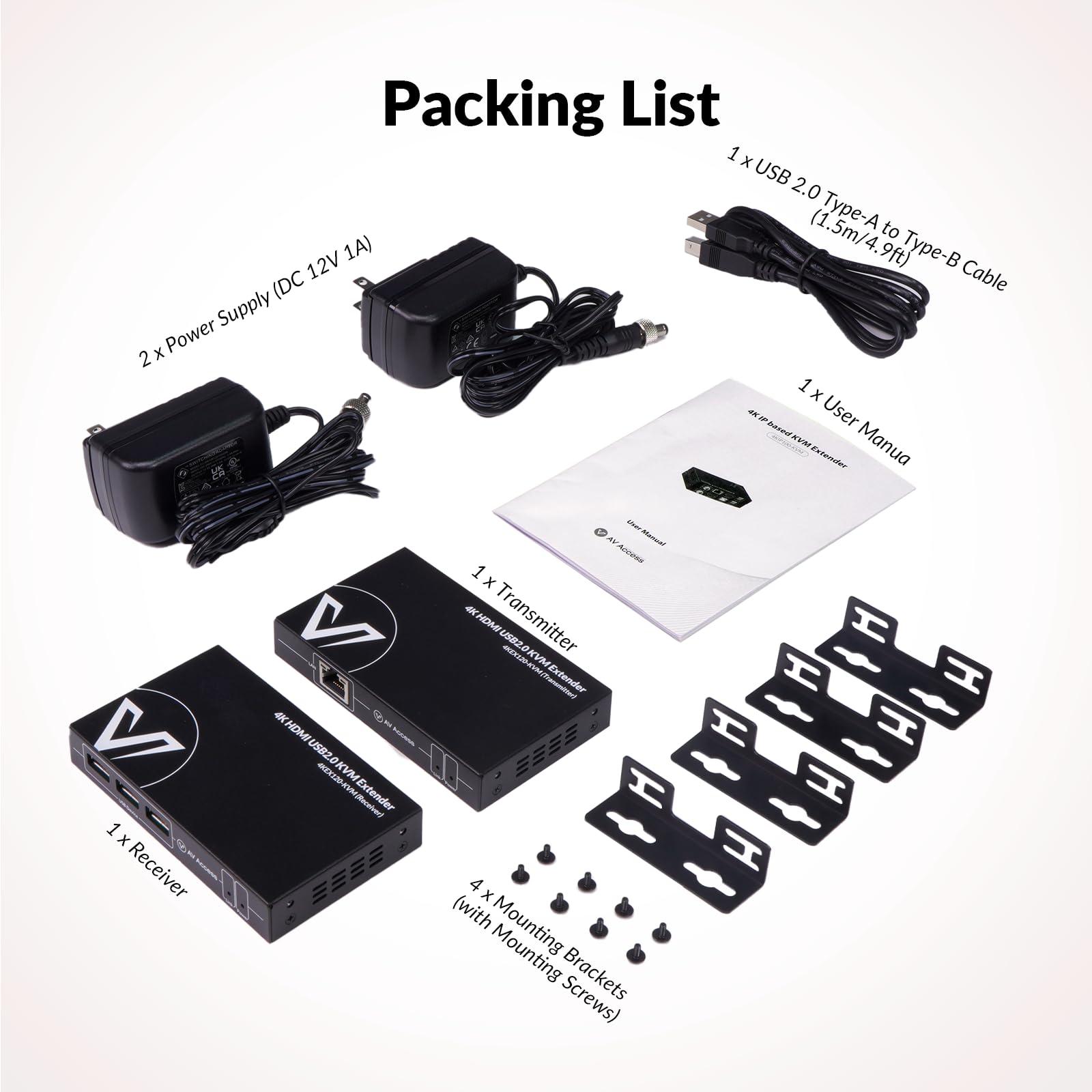 v AV Access AV Access 4K HDMI KVM Extender, 120m/394ft Over Ethernet Cat5e/6, 1080P@120Hz, 3X USB 2.0 Ports, Zero-Latency, Plug and Play, KVM Webcam Extender for Gaming, Data Centers & Classrooms