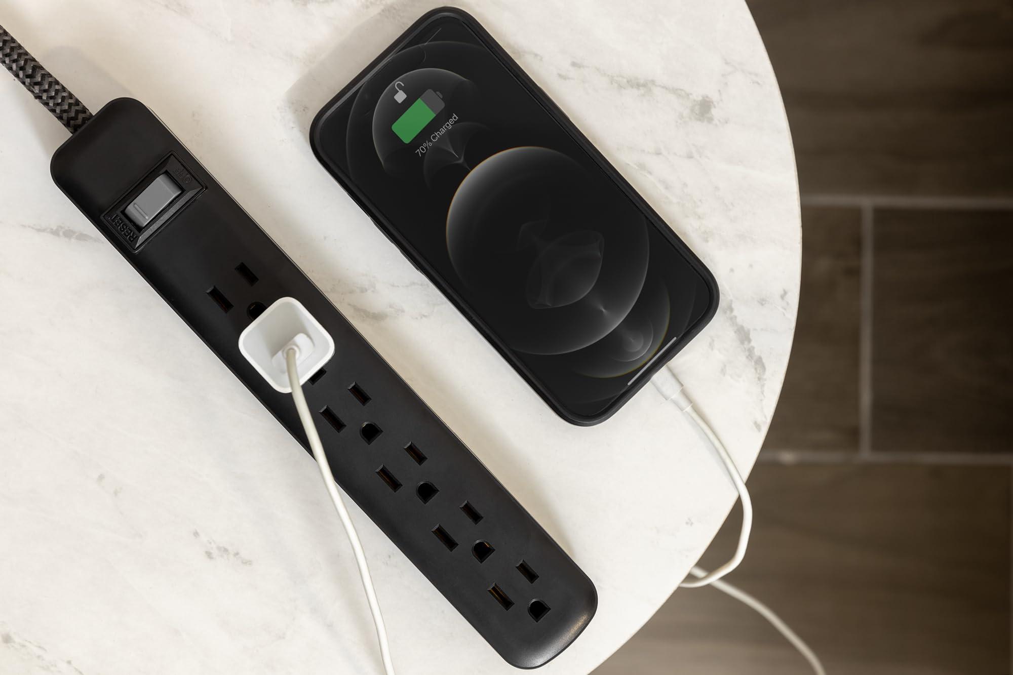 GE GE UltraPro 6-Outlet Surge Protector, 2 Pack, 3ft Braided Cord Power Strip Surge Protector, Surge Protector Power Strip, 450 Joules, Black, 74544