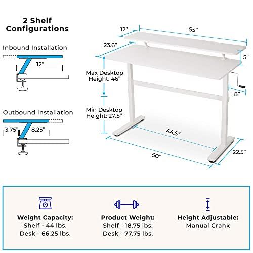 Stand Steady Stand Steady Tranzendesk 55 Inch Standing Desk with Clamp-On Shelf | Crank Height Adjustable Stand Up Workstation with Attachable Monitor Riser | Extra Large Sit Stand Desk Hold 3 Monitors (White)