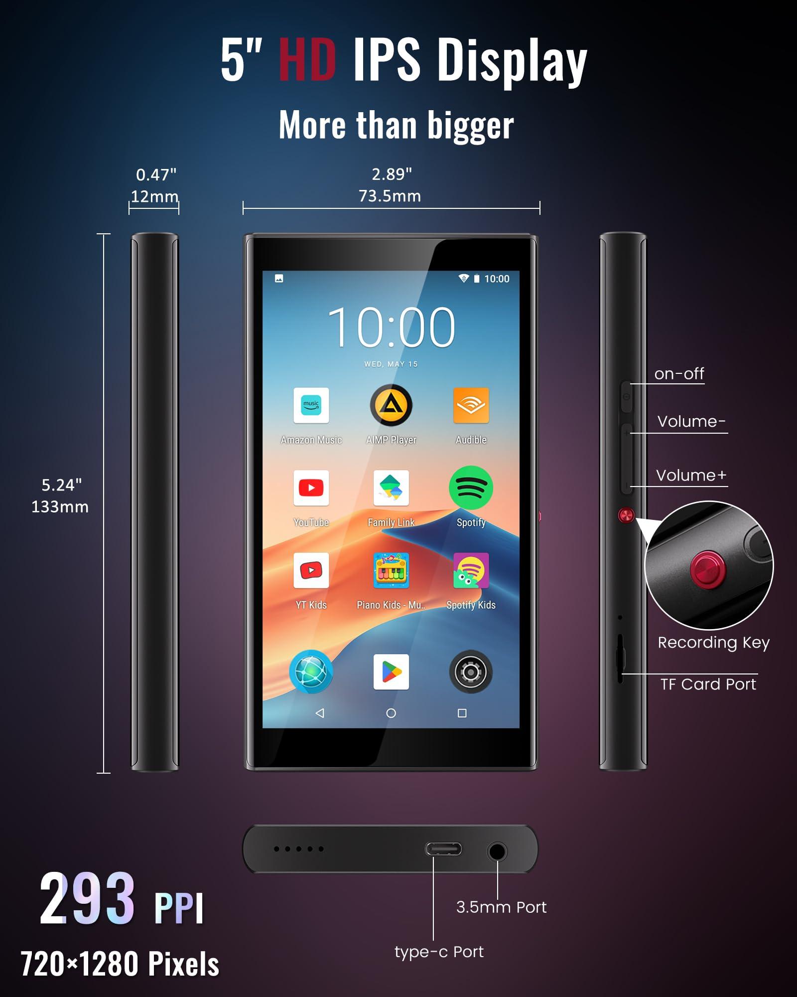 PECSU MP3 Player for Kids with Parental Controls,YouTube Kids,Spotify Kids,Piano Kids,Amazon Music,Audible,APP Store,5\" HD IPS Music Player Up to 1TB with Leather case