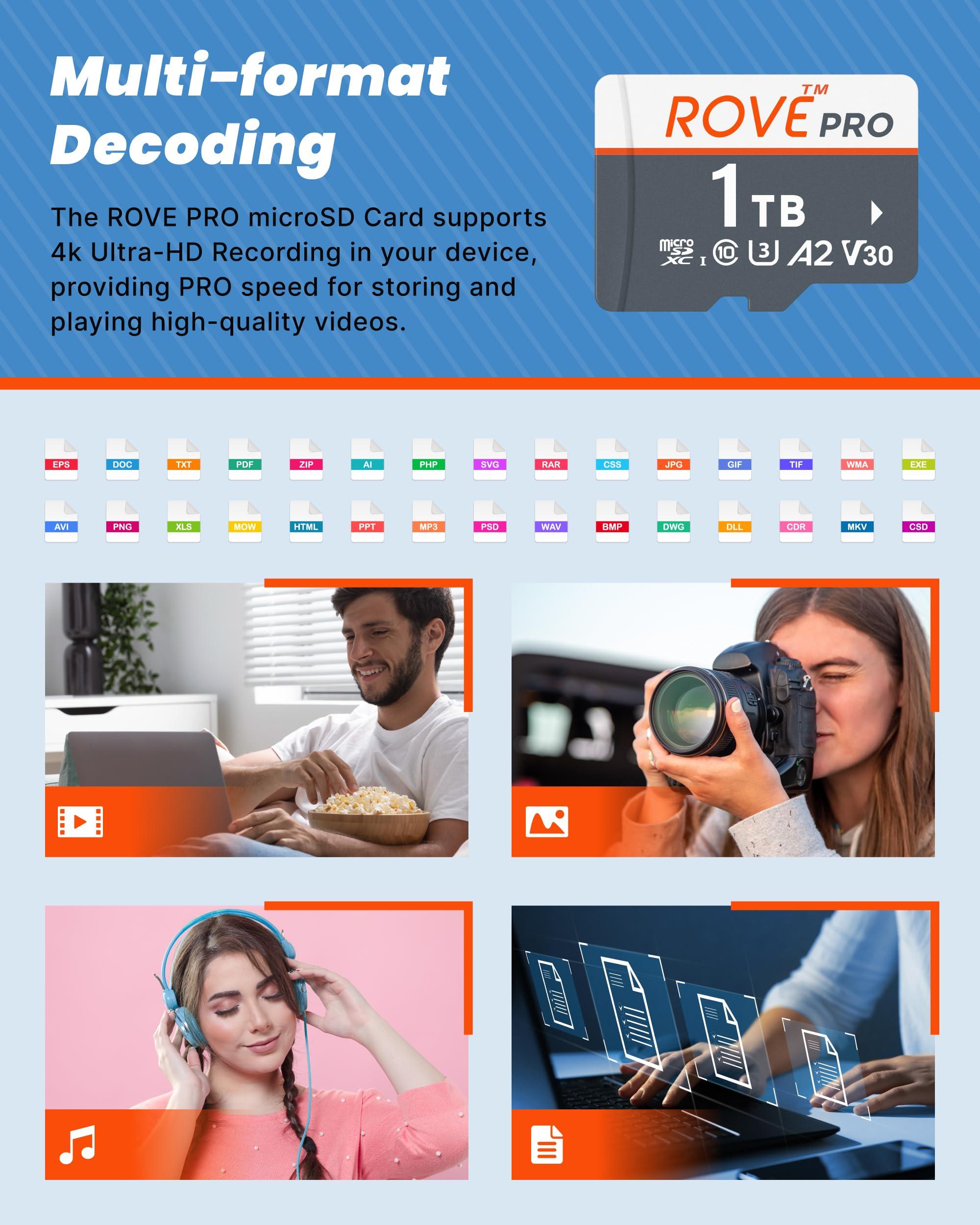 ROVE ROVE PRO 1TB Micro SD Card microSDXC Memory Card with Full-Size SD Adapter 100MB/s Read Speed, C10, U3, V30, 4K, A2 for R2-4K Dual Dash Cam, Android Smart Phones, Tablets, Games